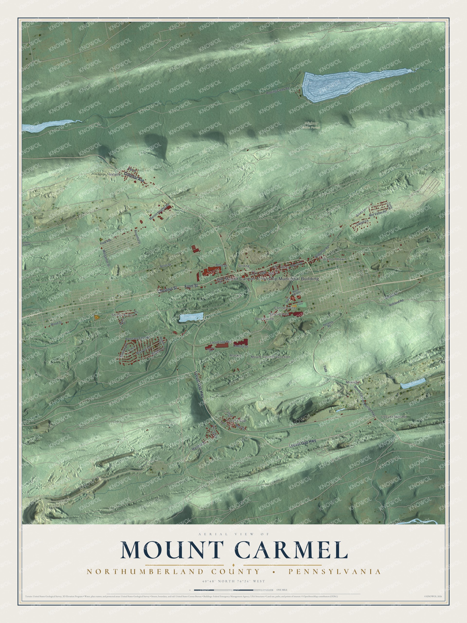 Full map of Mount Carmel Township, Pennsylvania, with red buildings, printed street names and the land around them