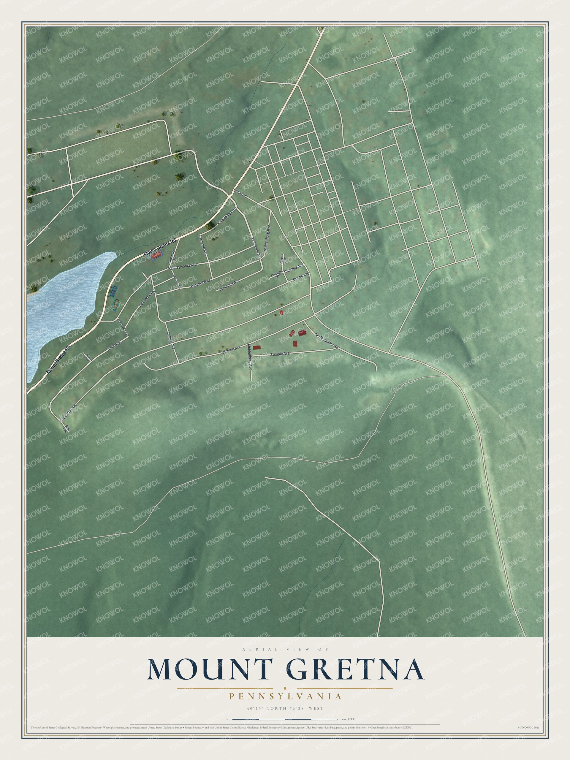 Full map of Mount Gretna, Pennsylvania, with red buildings, printed street names and the land around them