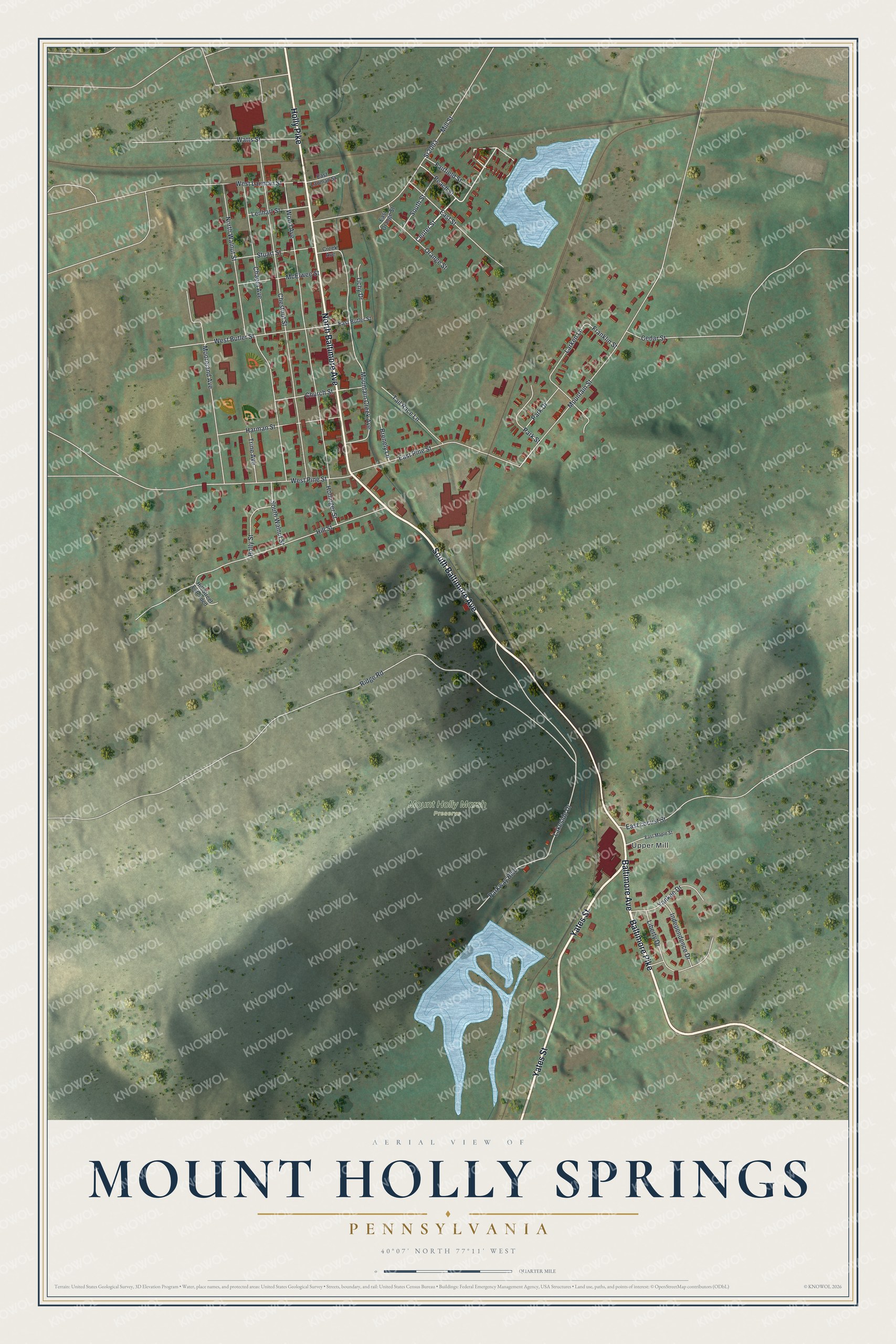 Full map of Mount Holly Springs, Pennsylvania, with red buildings, printed street names and the land around them