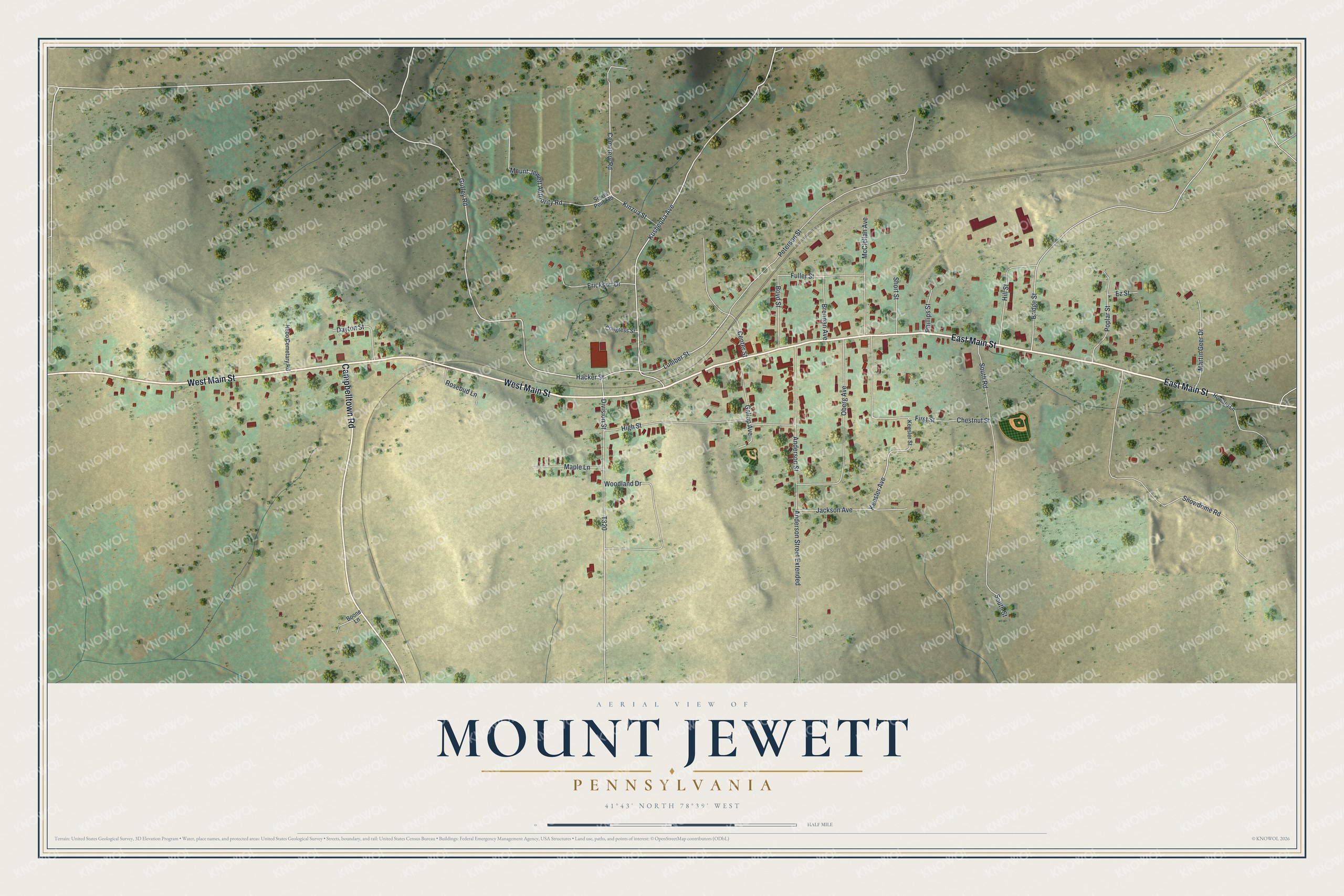 Full map of Mount Jewett, Pennsylvania, with red buildings, printed street names and the land around them
