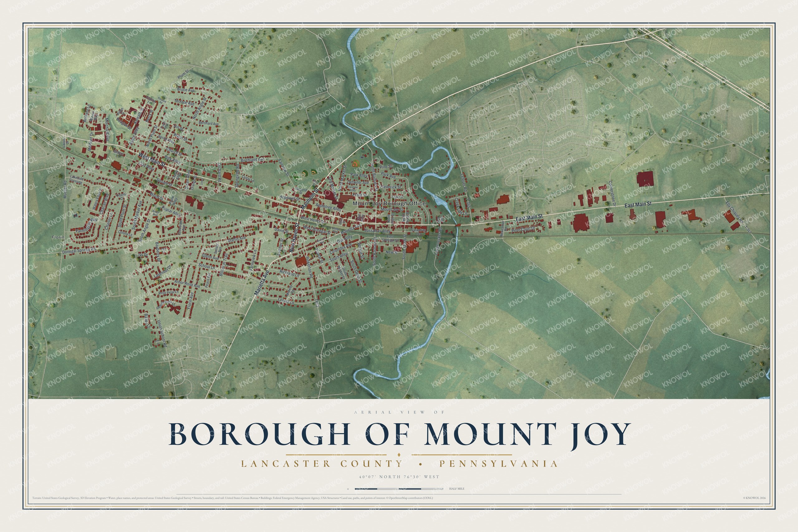 Full map of Mount Joy Borough, Lancaster County, Pennsylvania, with red buildings, printed street names and the land around them
