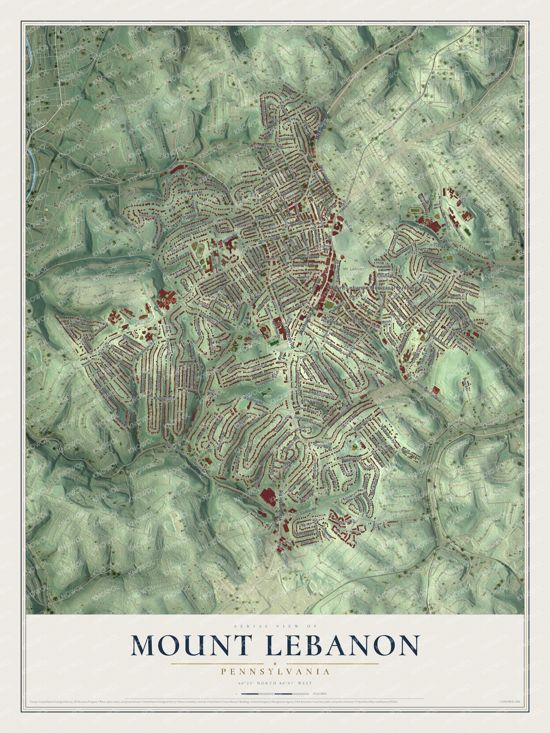 Aerial style map of Mount Lebanon, Pennsylvania, with red buildings on green hills and a title panel at the bottom