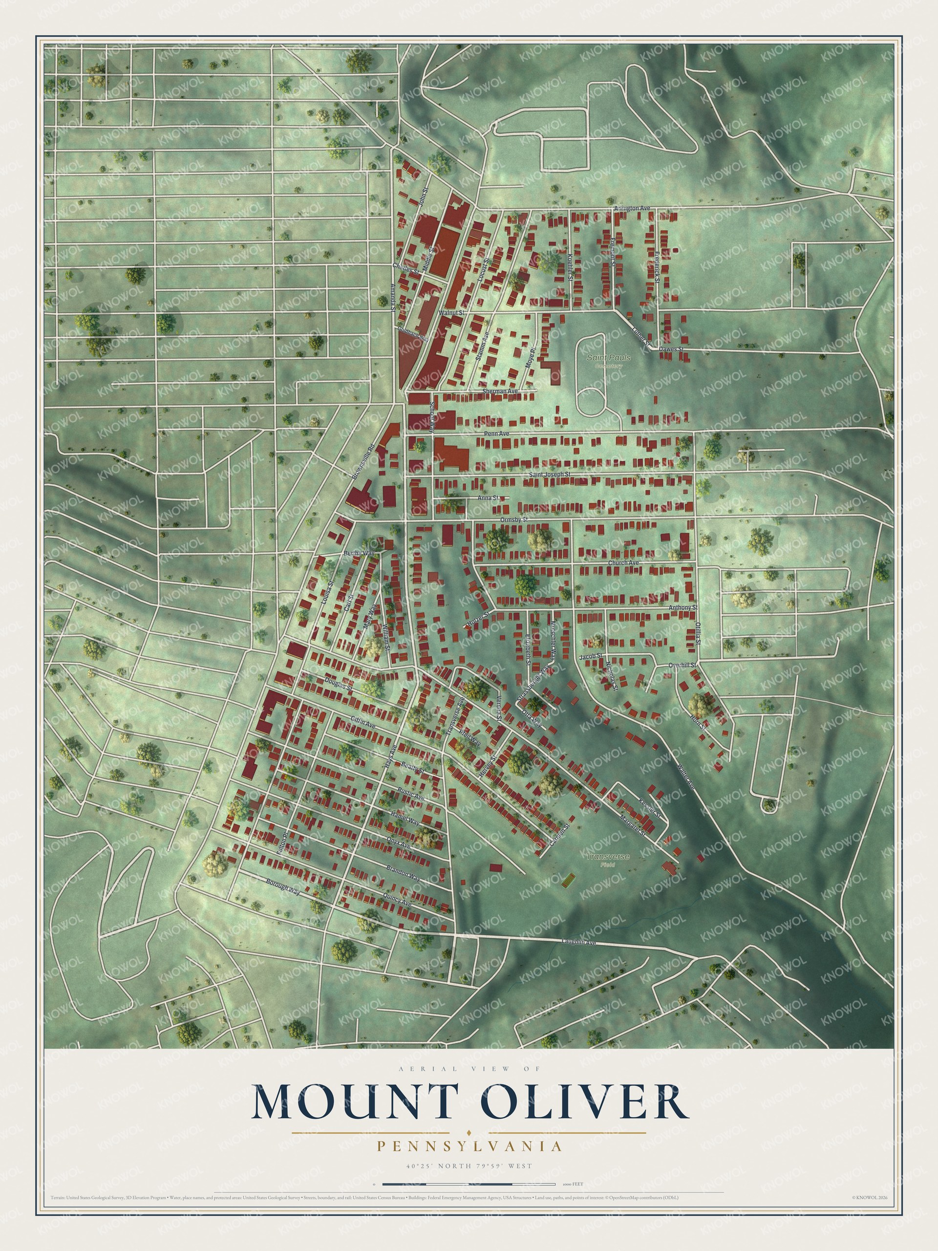 Aerial-style map of Mount Oliver, Pennsylvania, with red buildings along Brownsville Road and green hills above a cream title panel