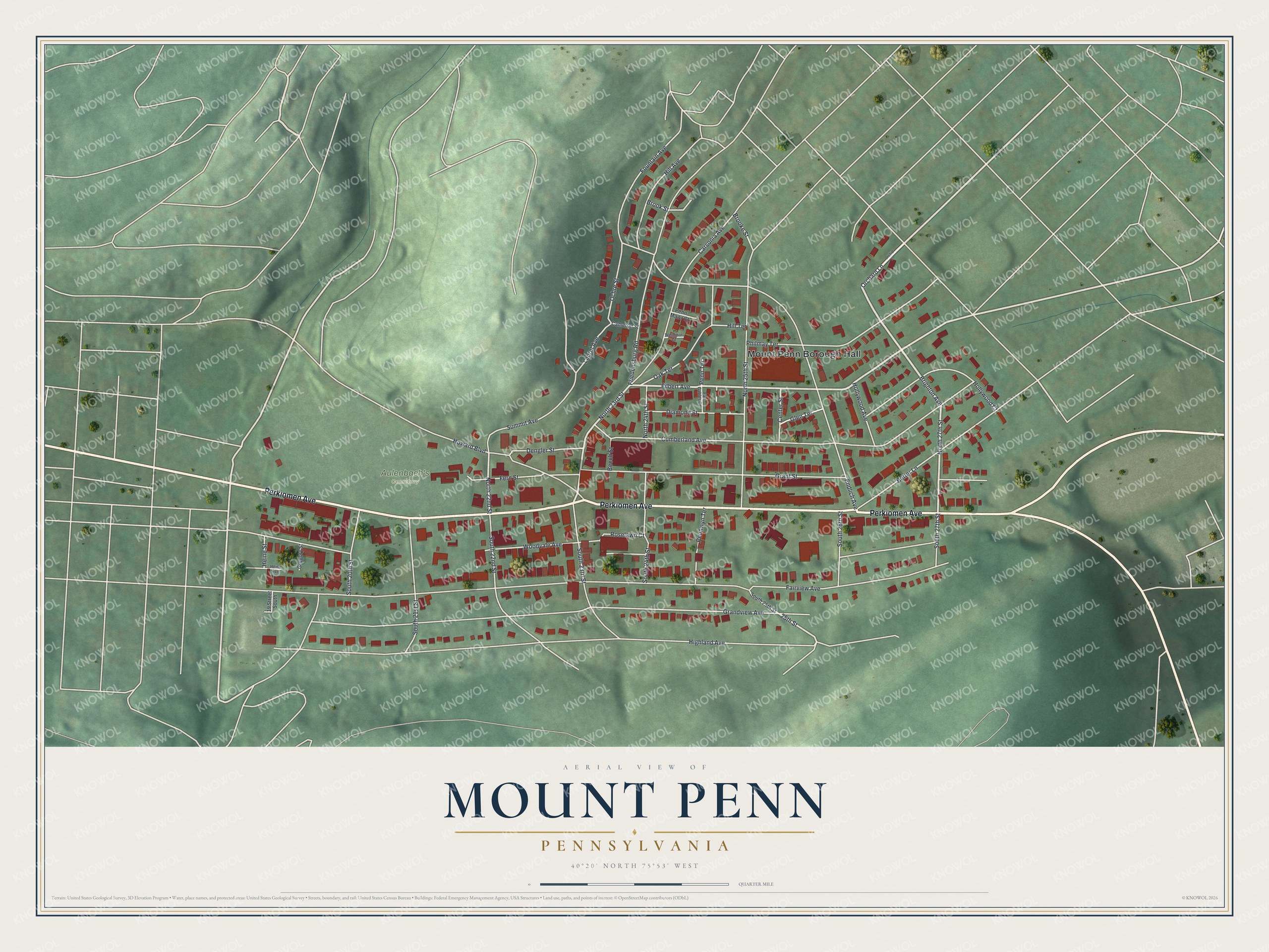 Full map of Mount Penn, Pennsylvania, with red buildings, printed street names and the land around them