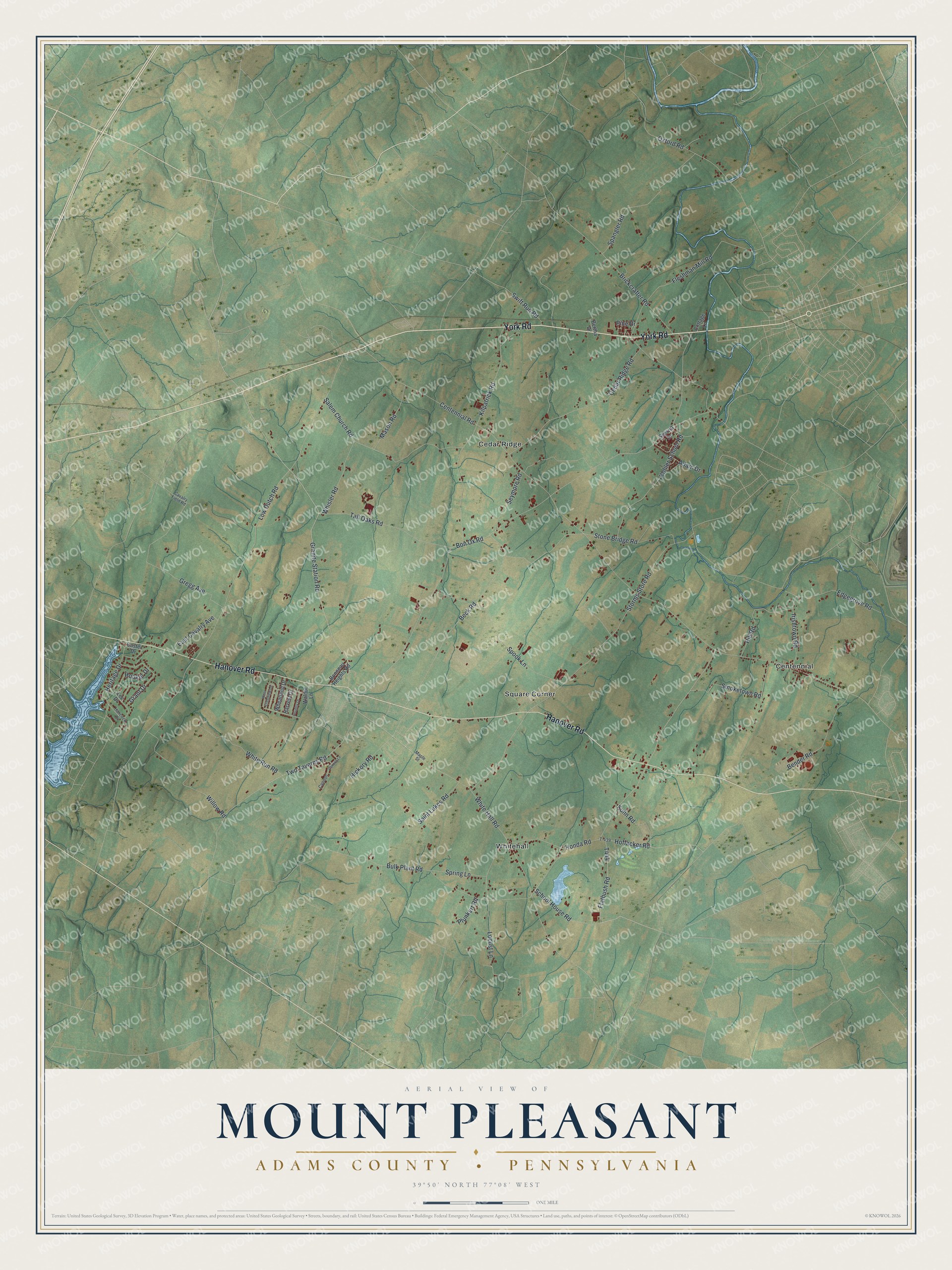 Full map of Mount Pleasant, Adams County, Pennsylvania, with red buildings, printed street names and the land around them