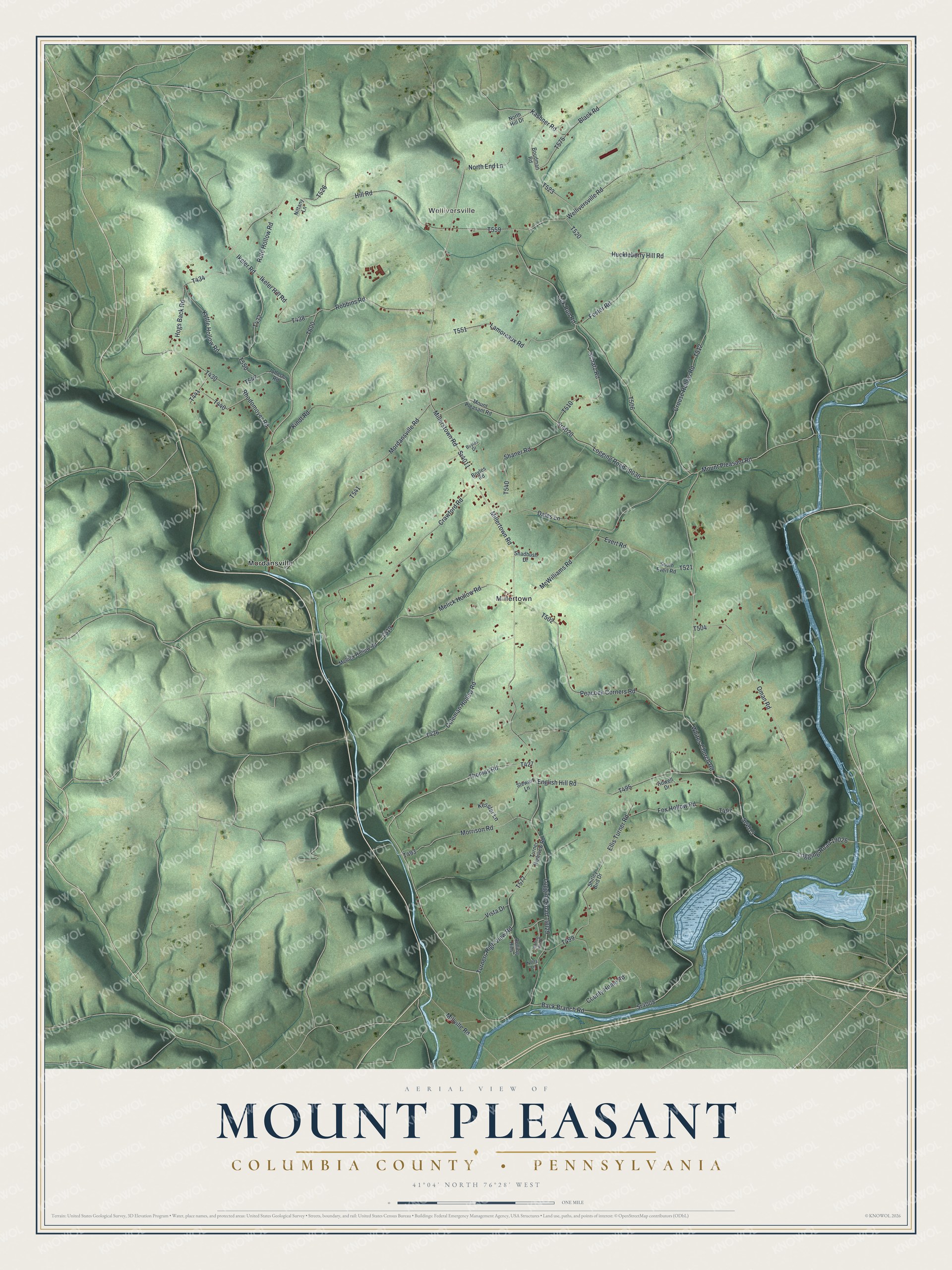 Full map of Mount Pleasant, Columbia County, Pennsylvania, with red buildings, printed street names and the land around them