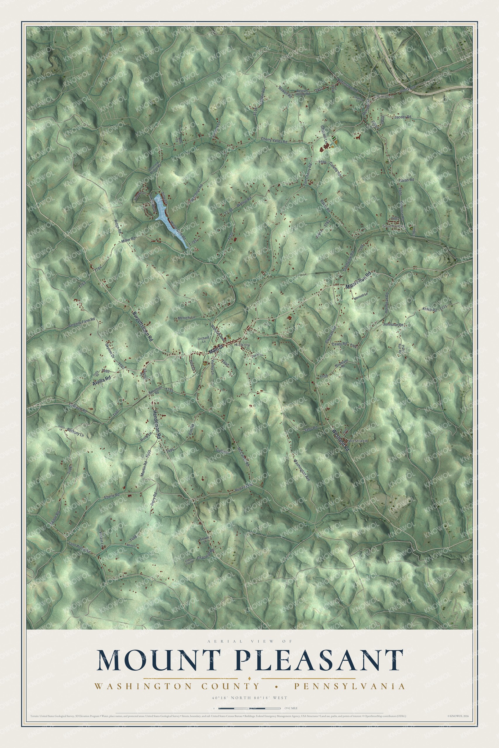 Full map of Mount Pleasant, Washington County, Pennsylvania, with red buildings, printed street names and the land around them