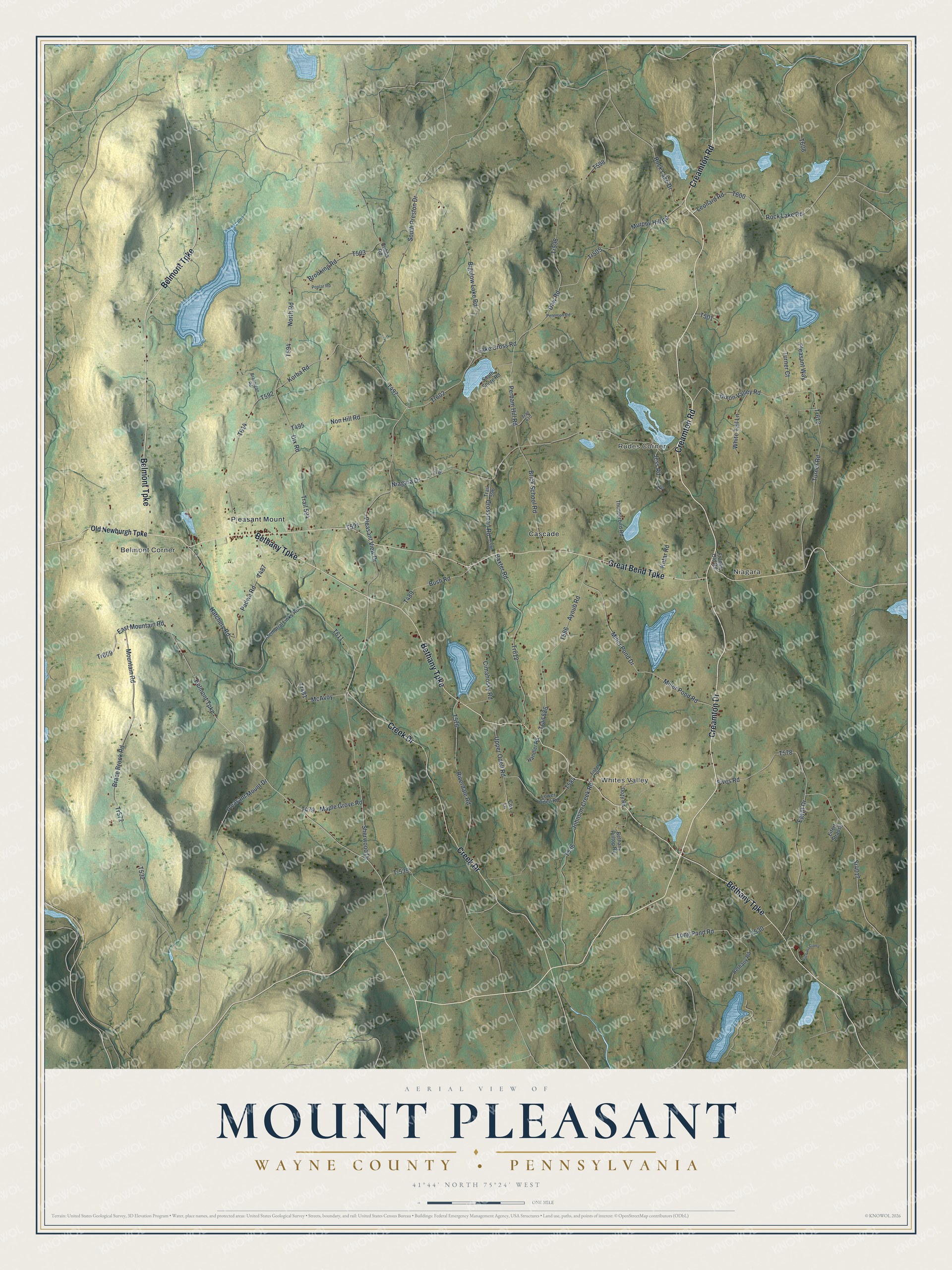 Full map of Mount Pleasant, Wayne County, Pennsylvania, with red buildings, printed street names and the land around them