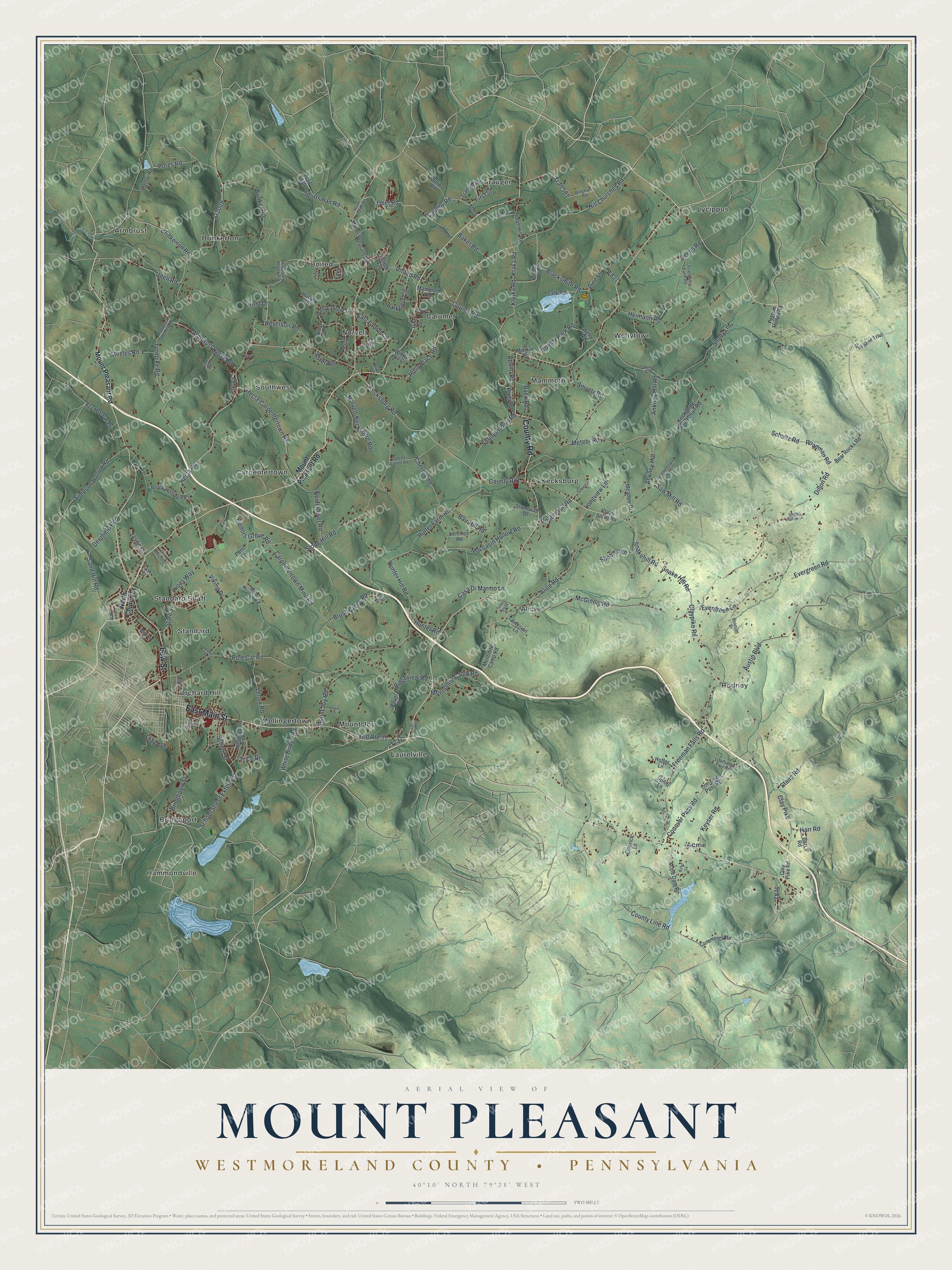 Full map of Mount Pleasant Township, Westmoreland County, Pennsylvania, with red buildings, printed street names and the land around them