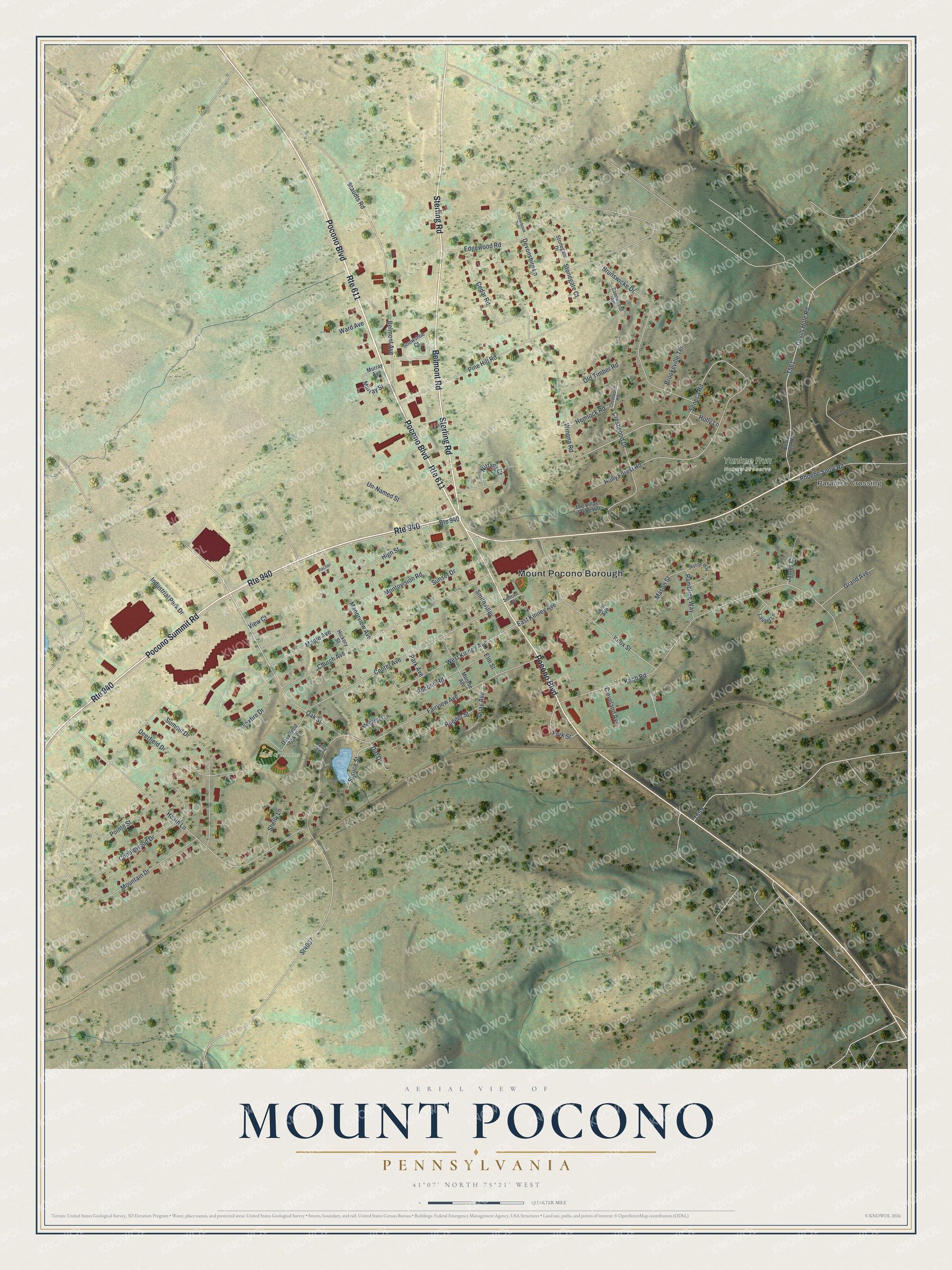 Full map of Mount Pocono, Pennsylvania, with red buildings, printed street names and the land around them