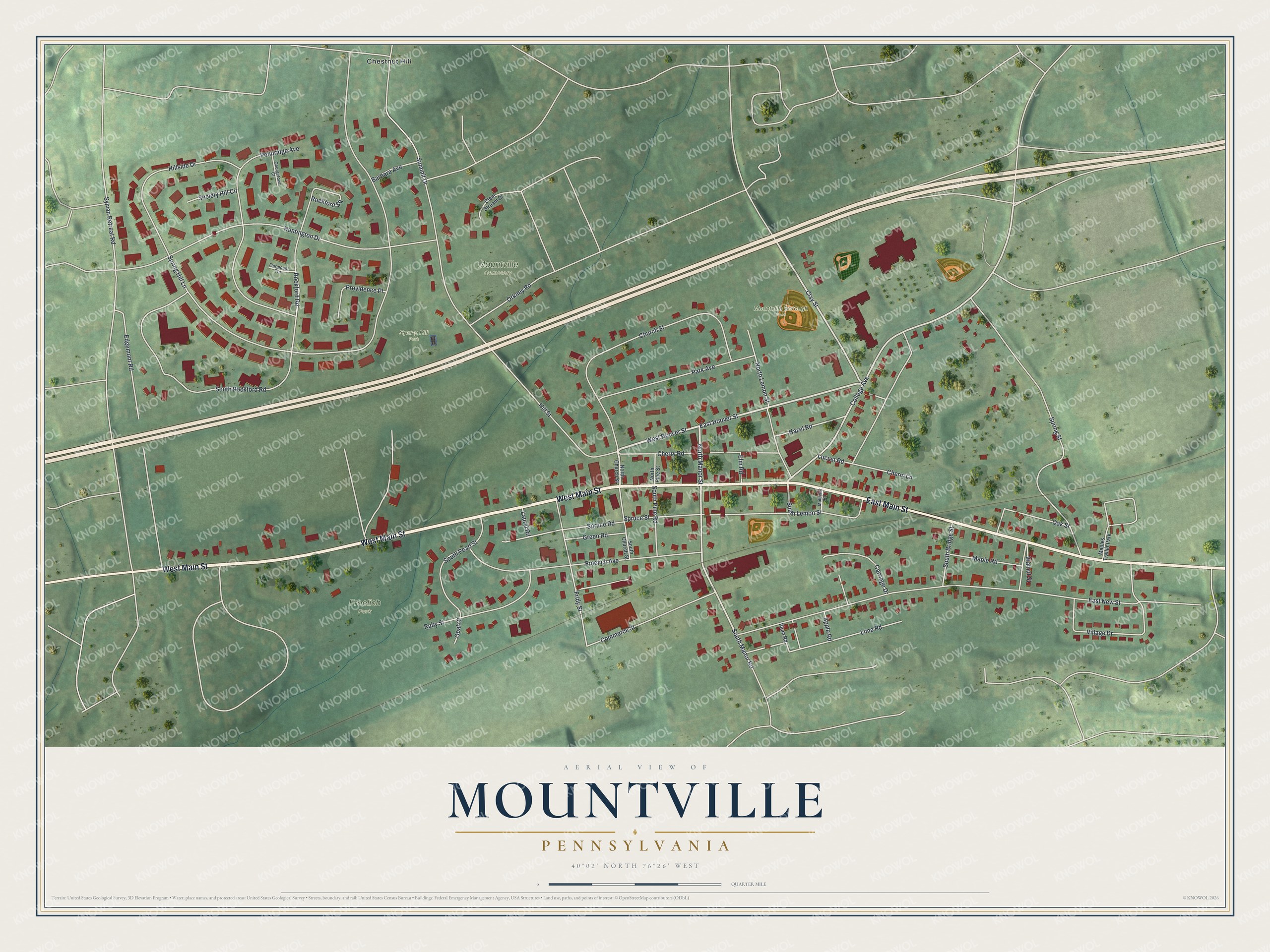 Full map of Mountville, Pennsylvania, with red buildings, printed street names and the land around them