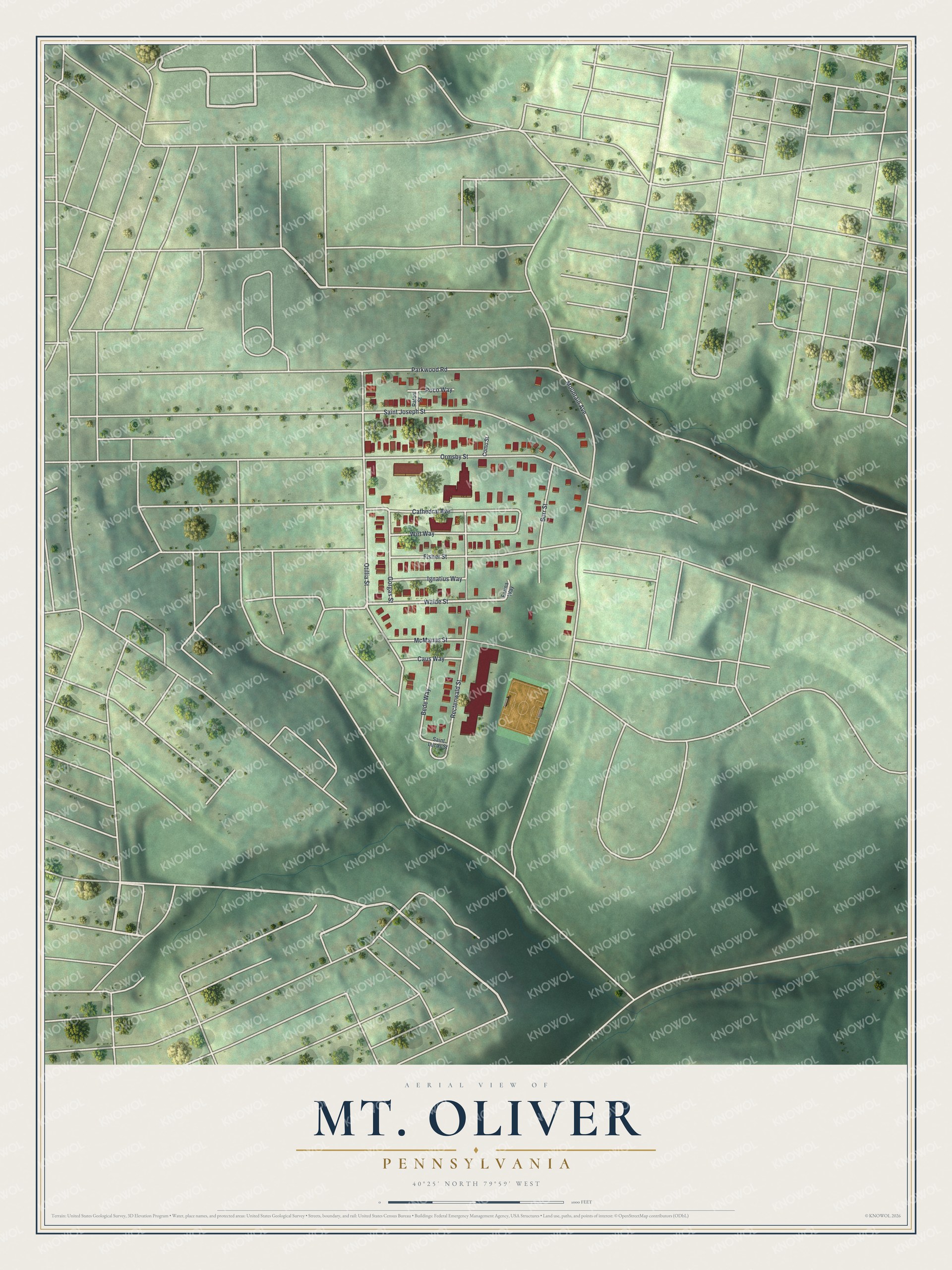 Aerial map of Mt. Oliver, Pennsylvania, with red buildings on a hilltop surrounded by green hills and pale streets