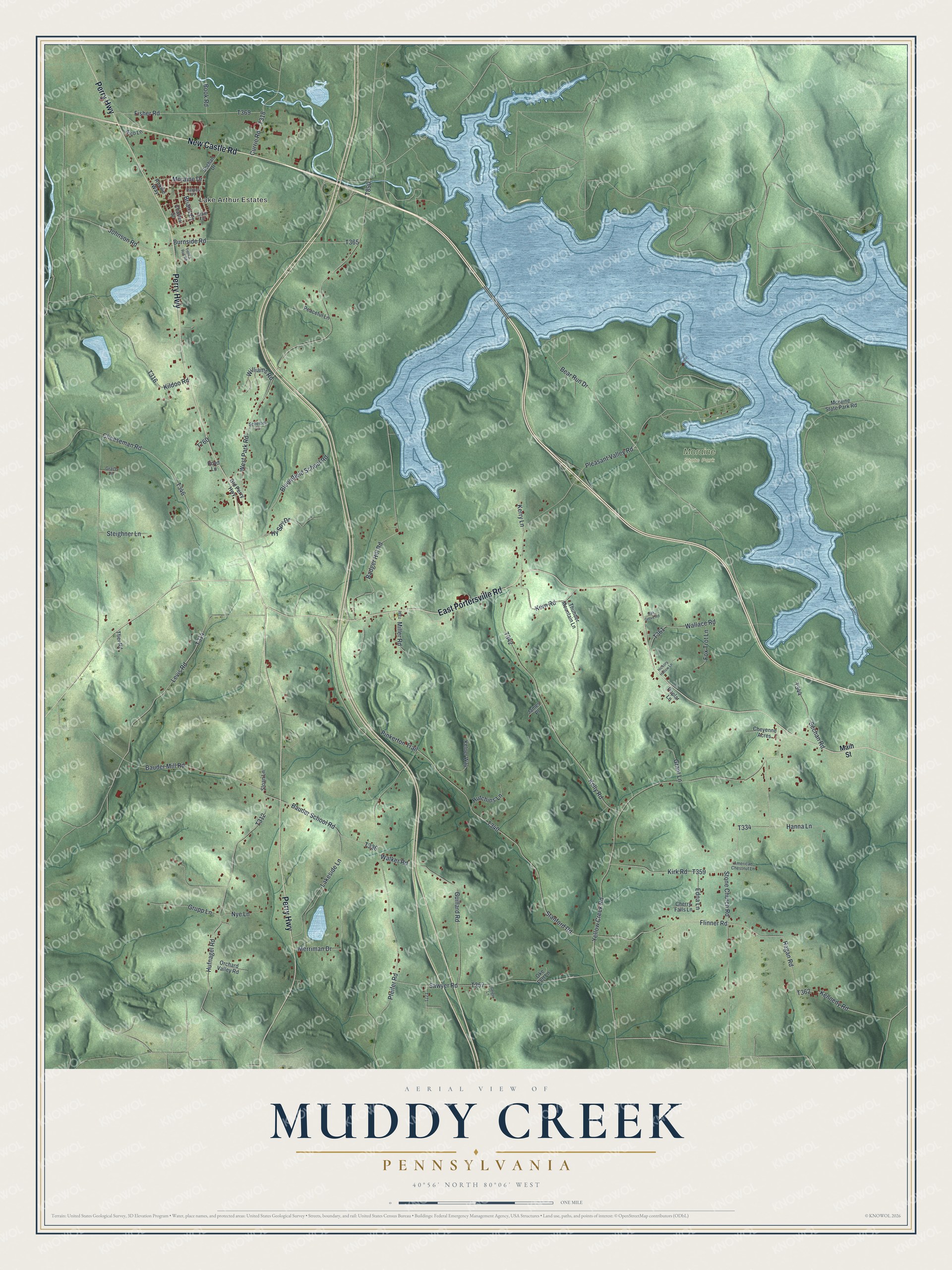 Full map of Muddy Creek, Pennsylvania, with red buildings, printed street names and the land around them