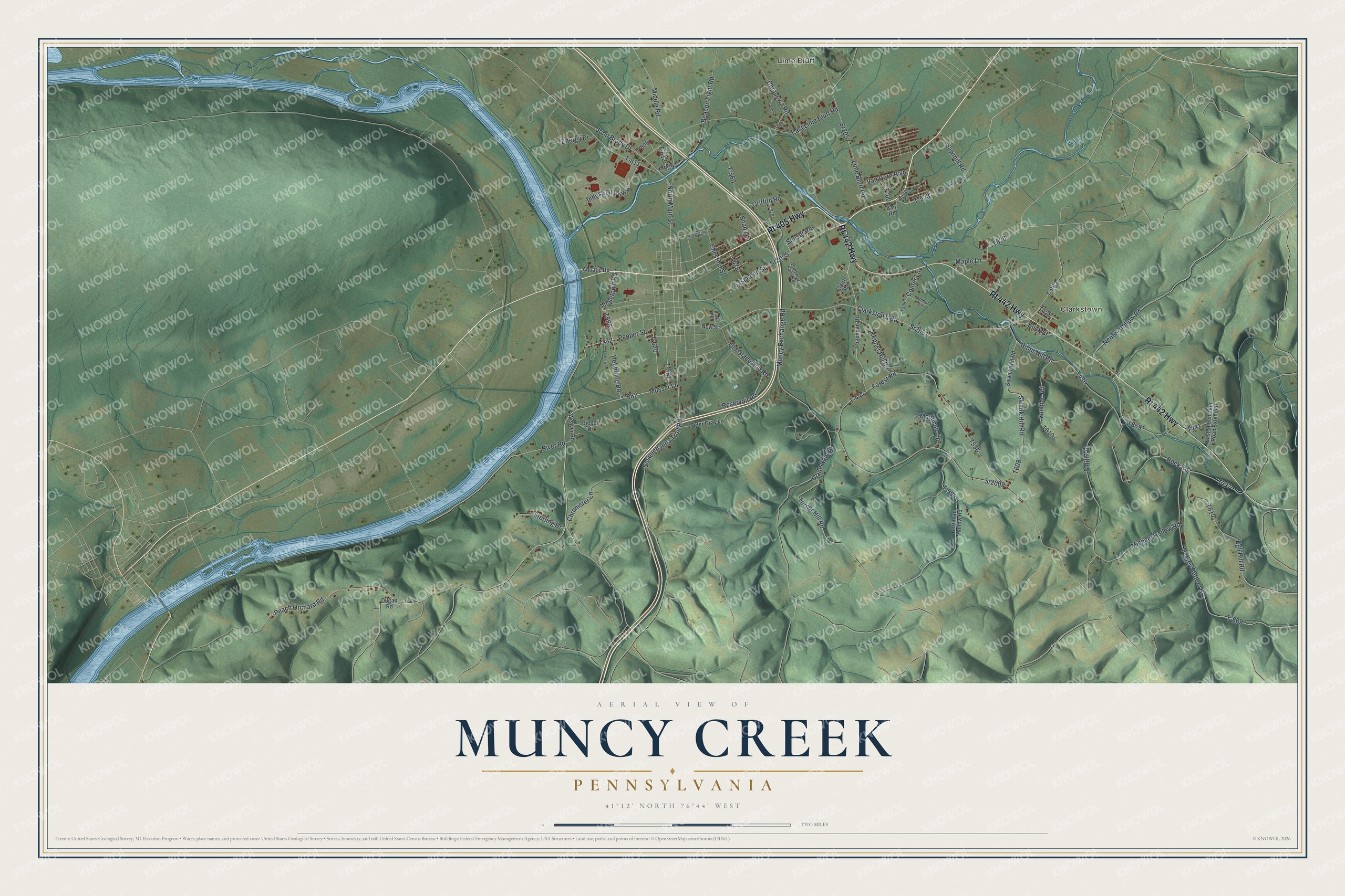 Aerial map of Muncy Creek Township, Pennsylvania, with a blue river bending around a mountain, red buildings and wooded hills