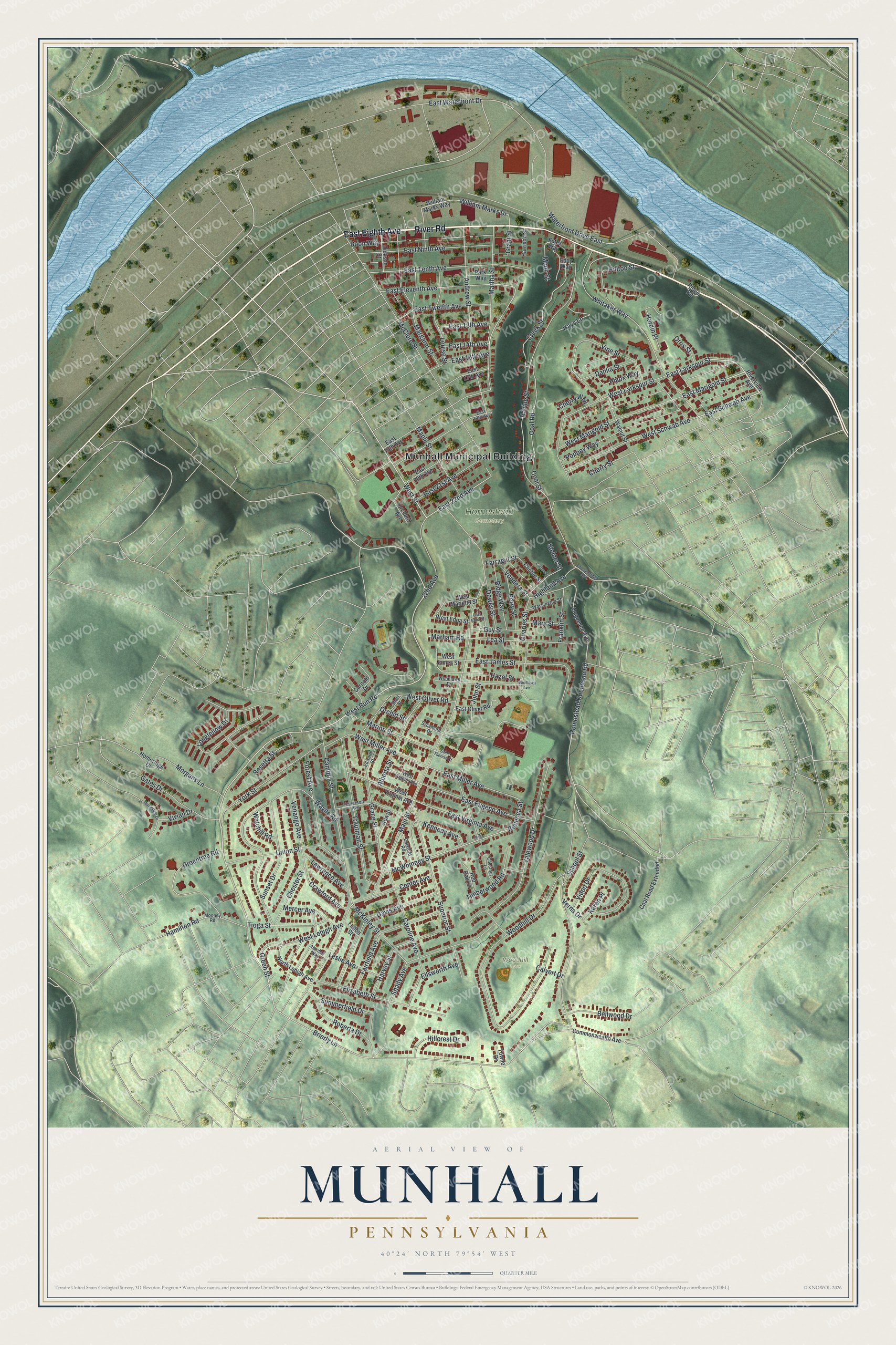 Full map of Munhall, Pennsylvania, with red buildings, printed street names and the land around them