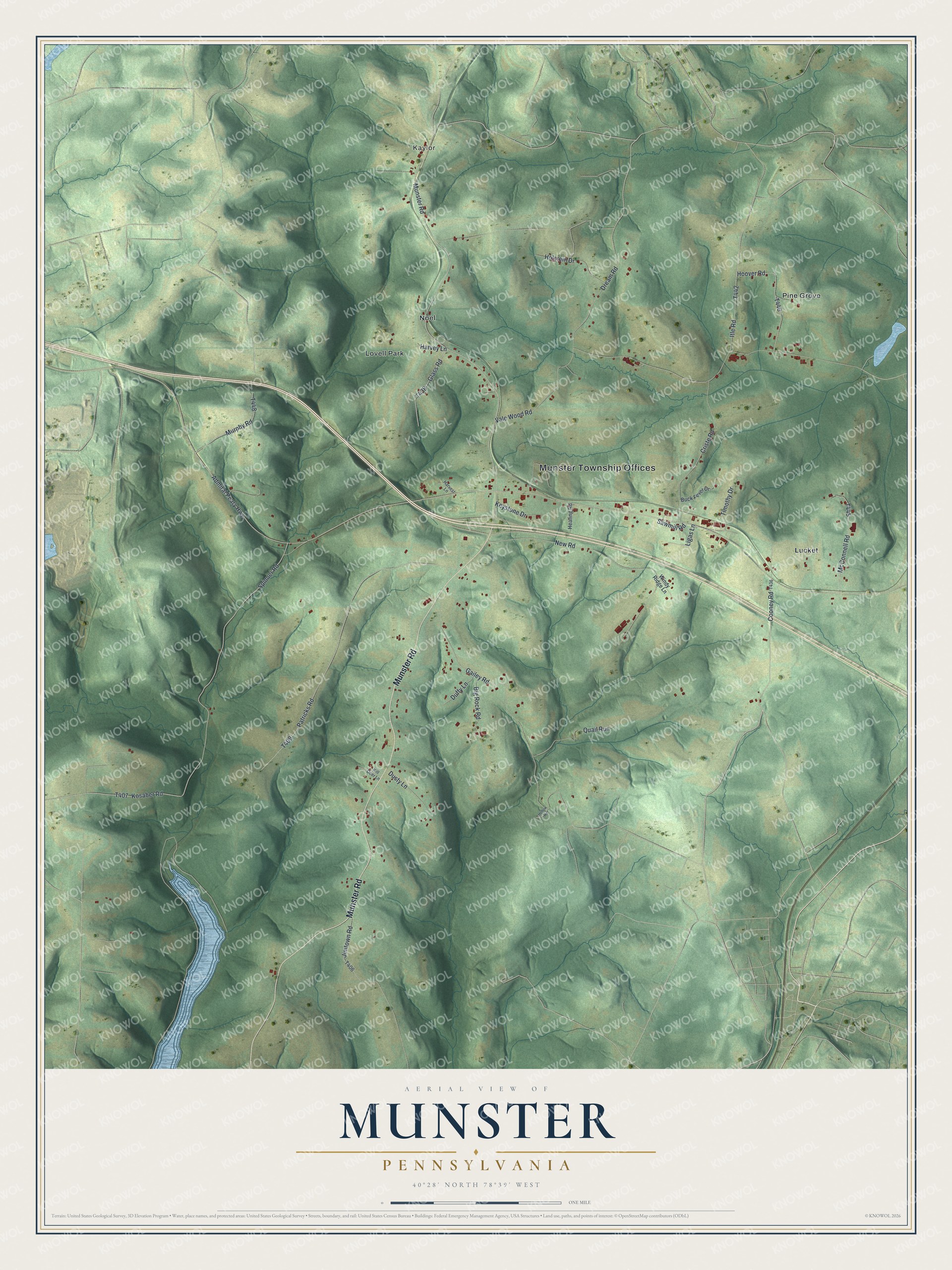 Full map of Munster, Pennsylvania, with red buildings, printed street names and the land around them