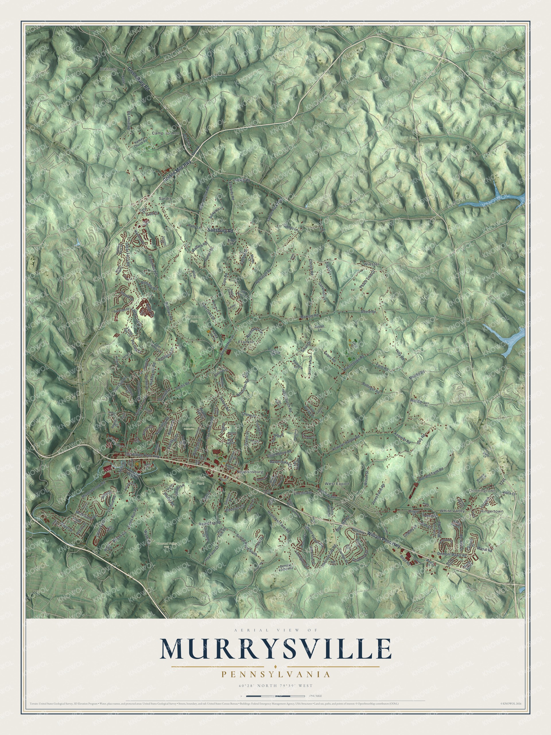 Full map of Murrysville municipality, Pennsylvania, with red buildings, printed street names and the land around them