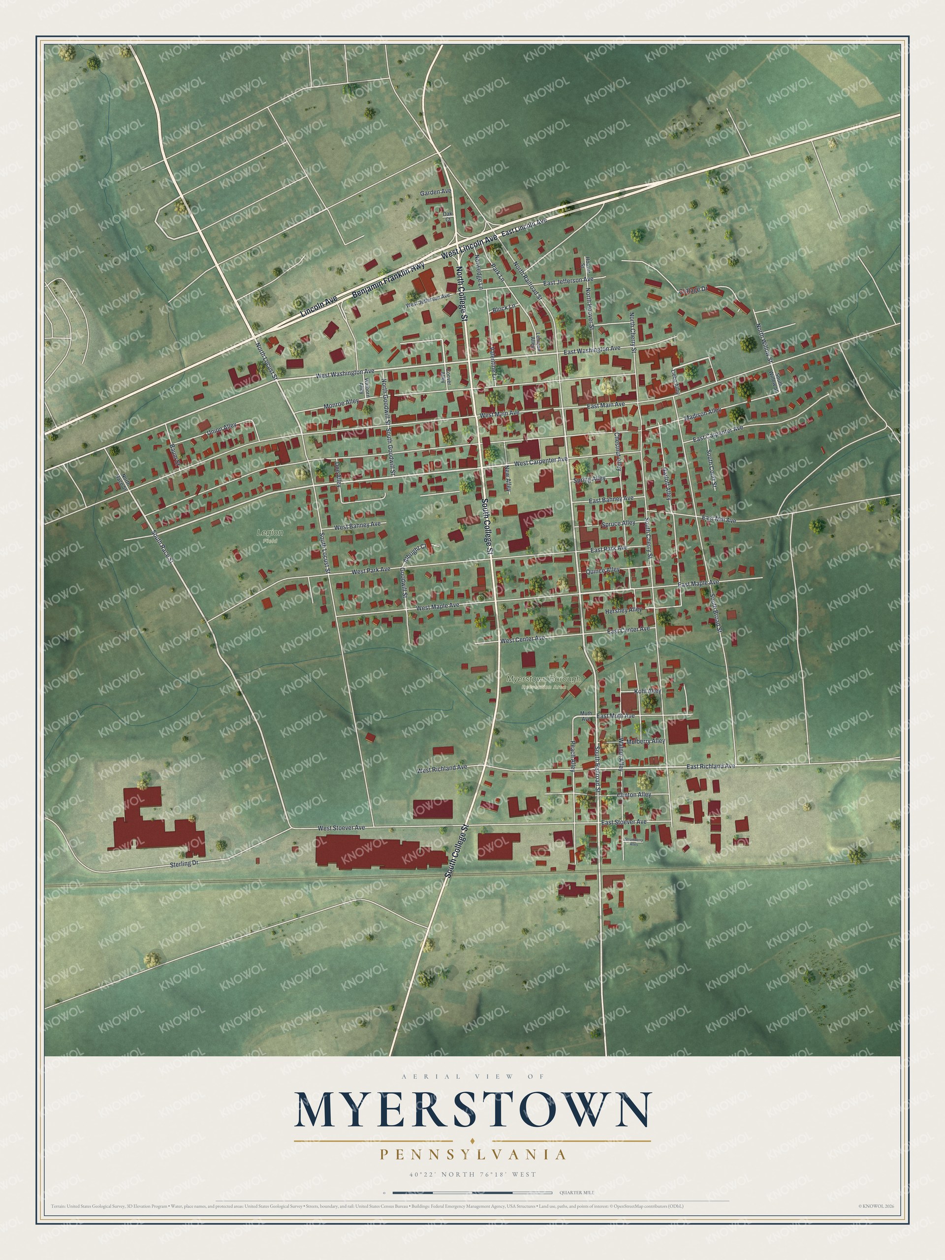 Full map of Myerstown, Pennsylvania, with red buildings, printed street names and the land around them