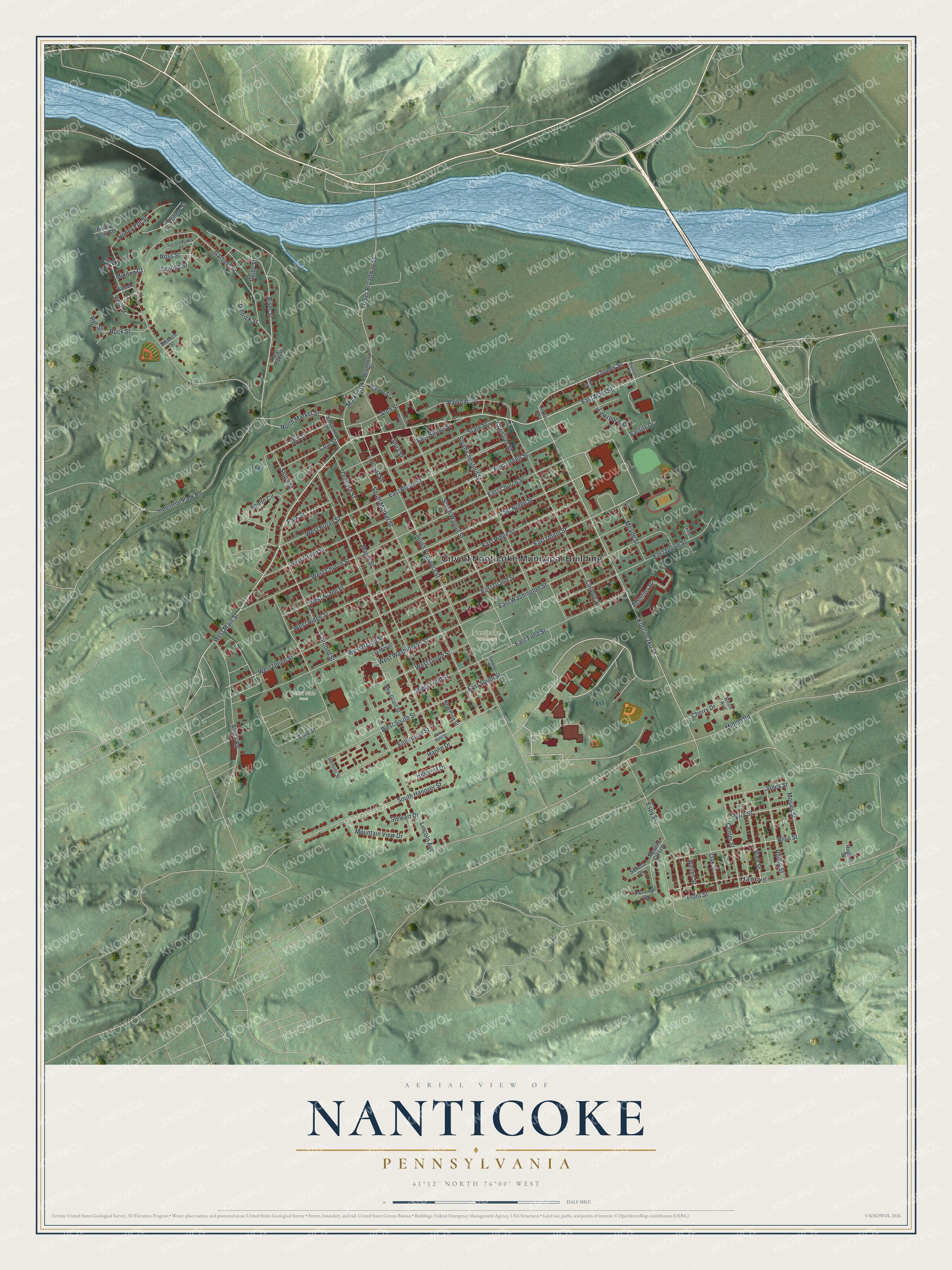 Full map of Nanticoke, Pennsylvania, with red buildings, printed street names and the land around them