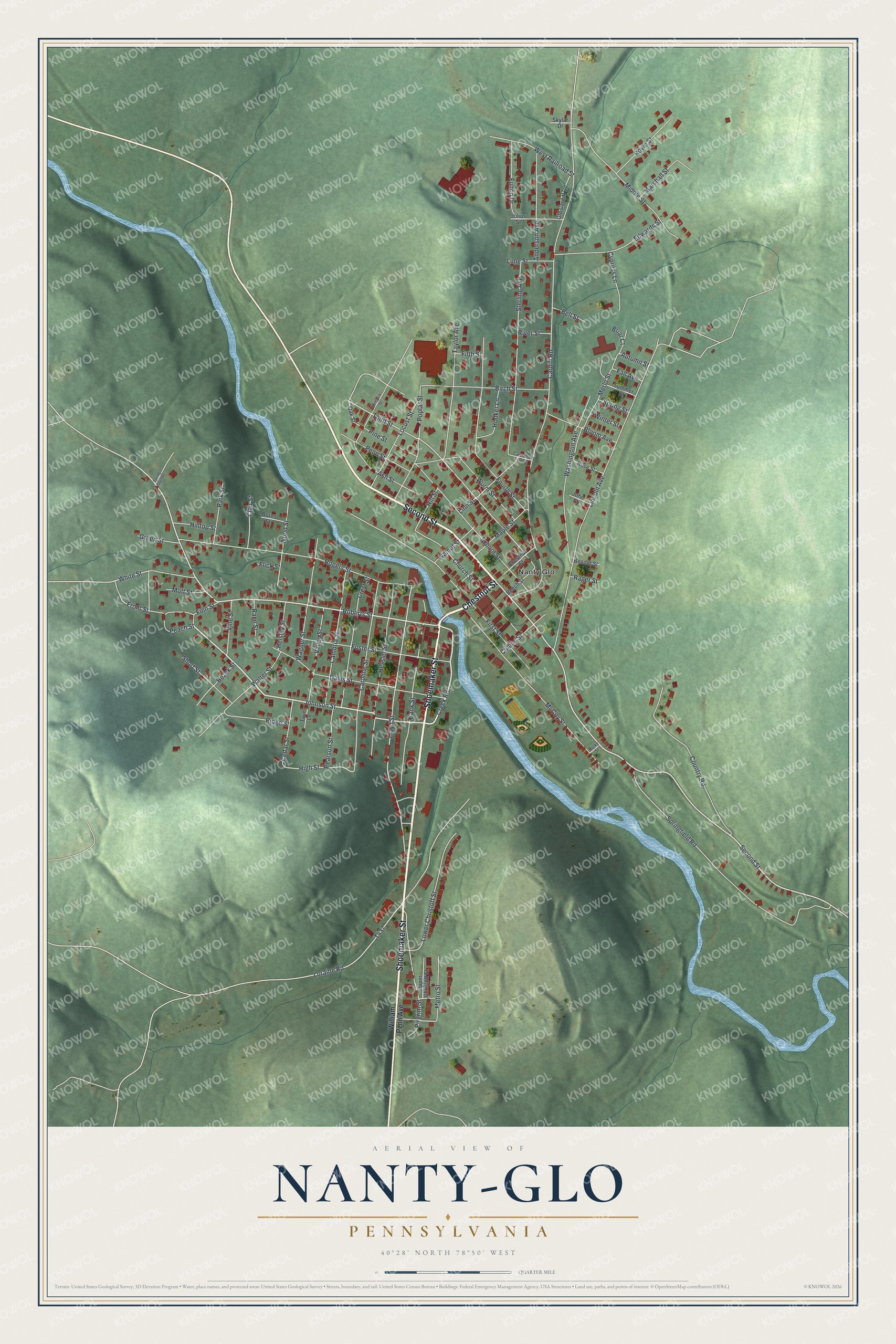 Full map of Nanty-Glo, Pennsylvania, with red buildings, printed street names and the land around them