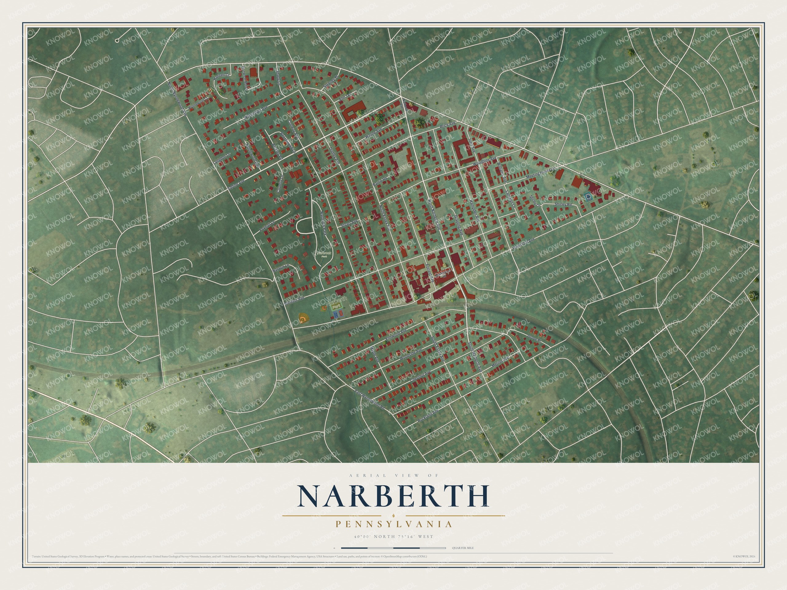 Aerial style map of Narberth, Pennsylvania with red buildings on green land, white streets and a curving rail line