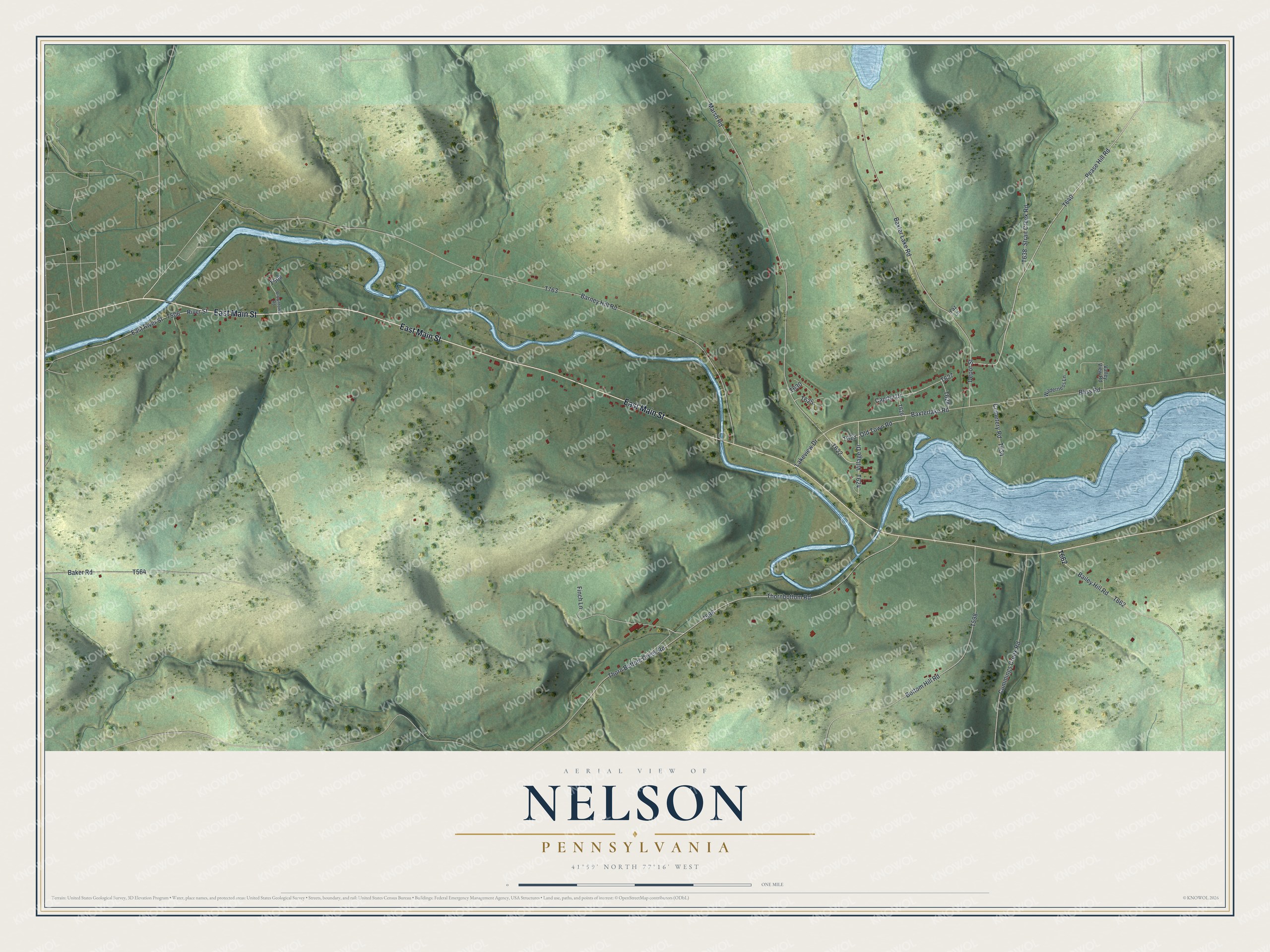 Full map of Nelson, Pennsylvania, with red buildings, printed street names and the land around them