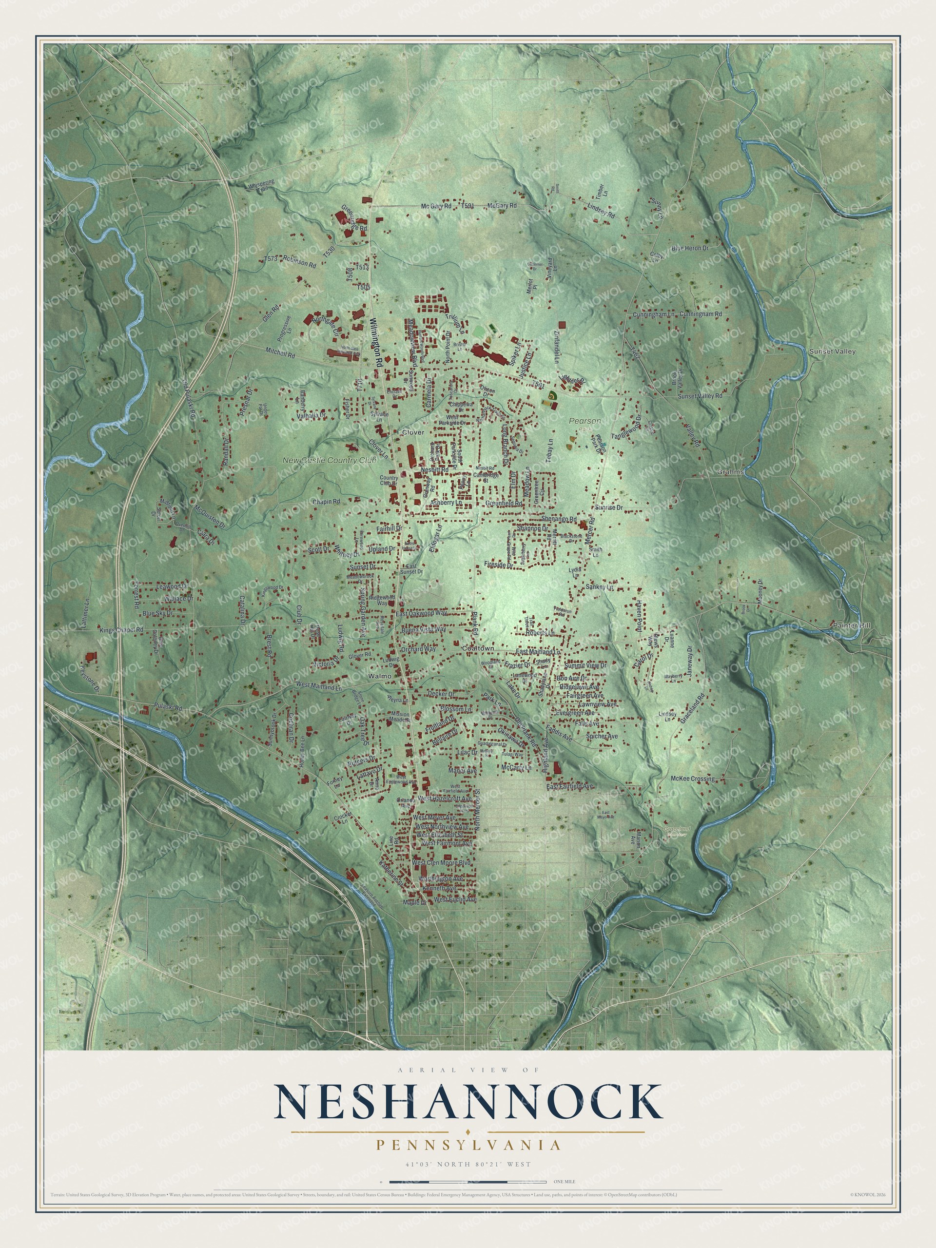 Full map of Neshannock, Pennsylvania, with red buildings, printed street names and the land around them