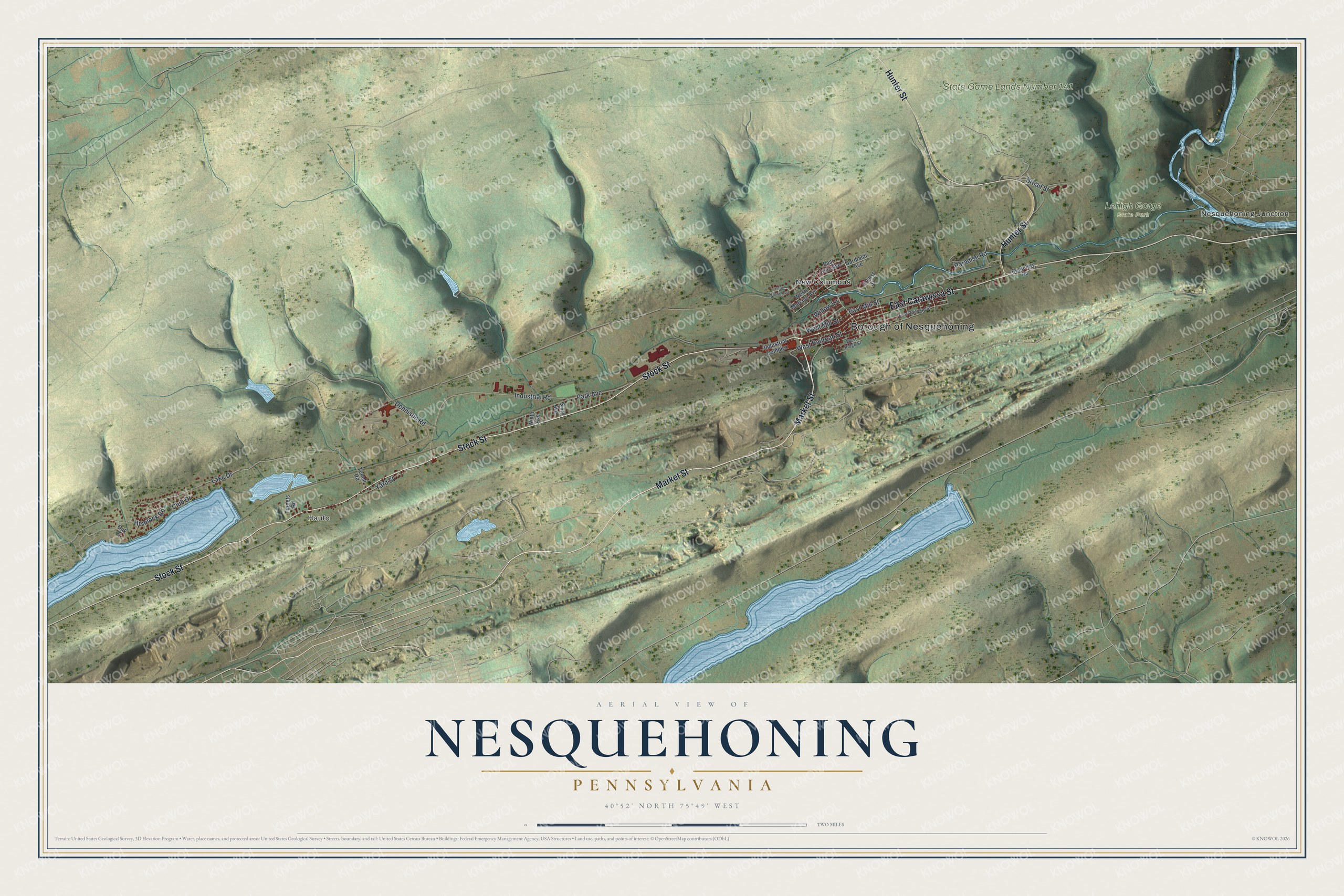 Full map of Nesquehoning, Pennsylvania, with red buildings, printed street names and the land around them