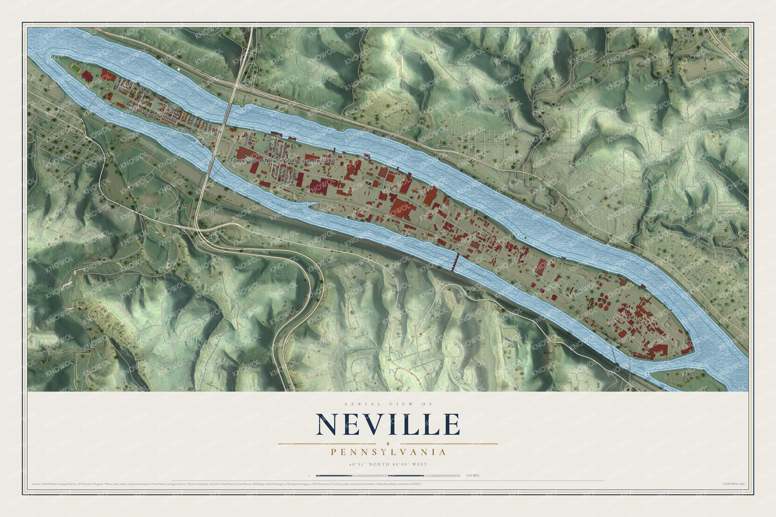 Full map of Neville, Pennsylvania, with red buildings, printed street names and the land around them