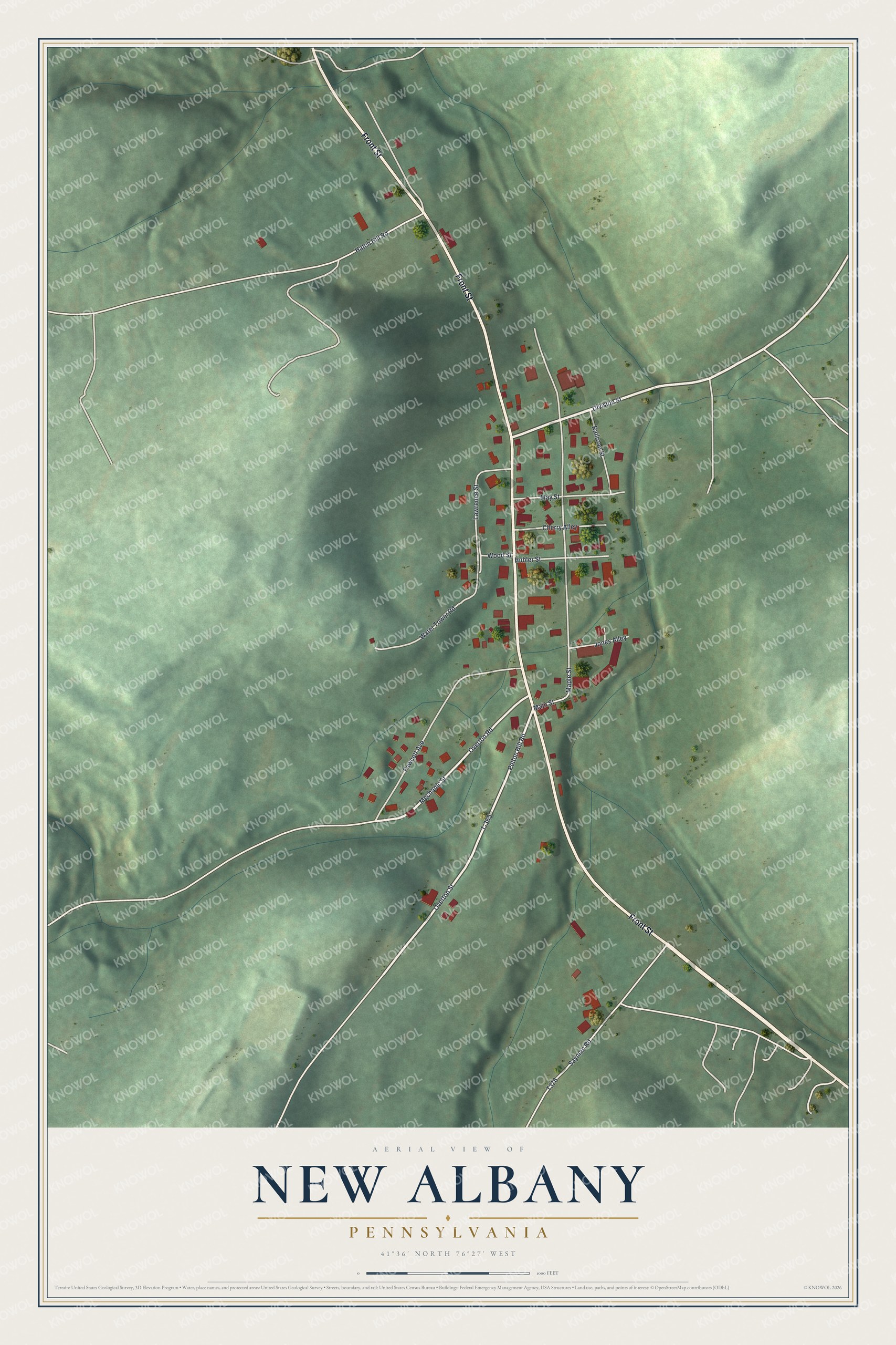 Full map of New Albany, Pennsylvania, with red buildings, printed street names and the land around them