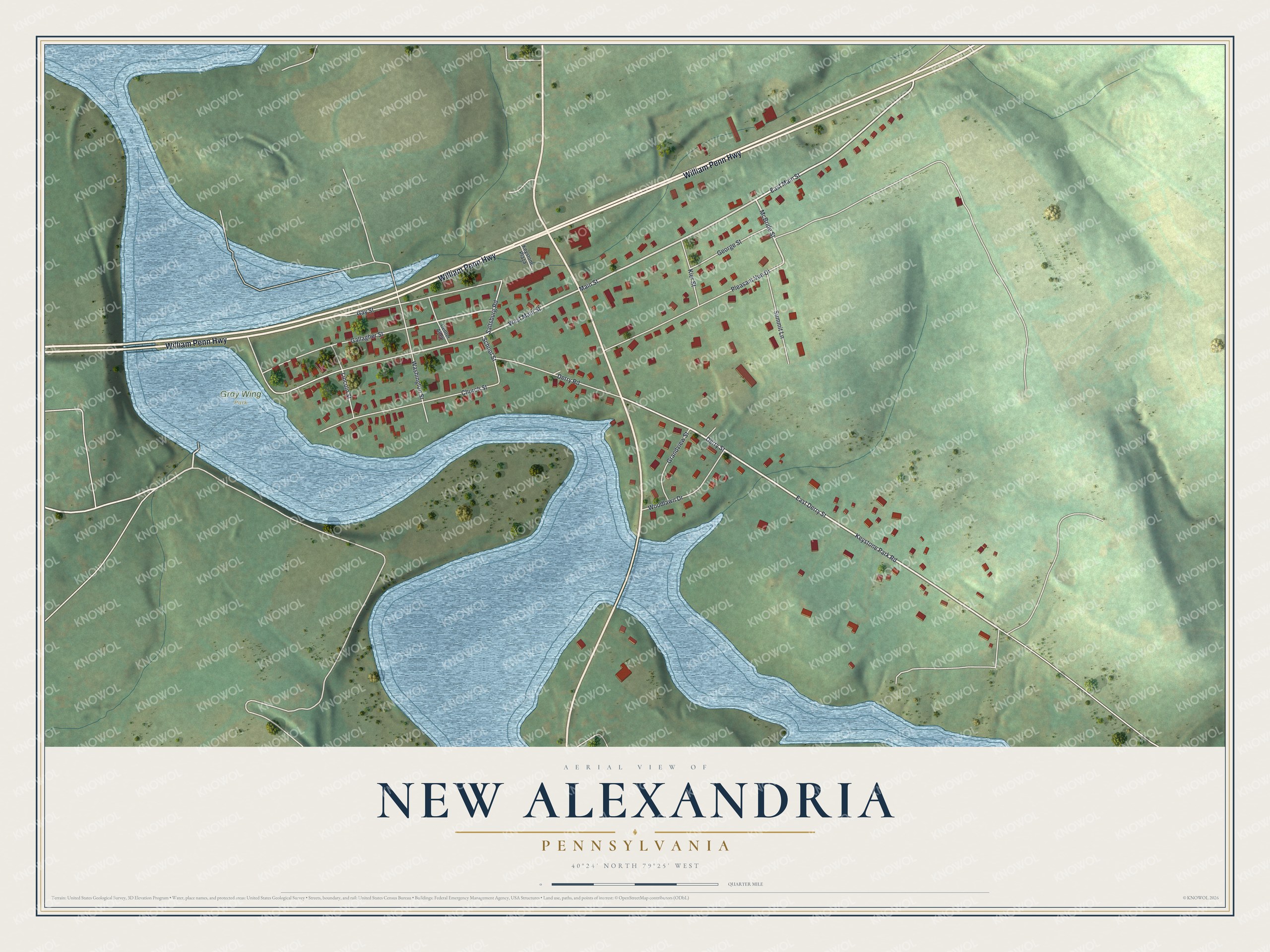 Full map of New Alexandria, Pennsylvania, with red buildings, printed street names and the land around them