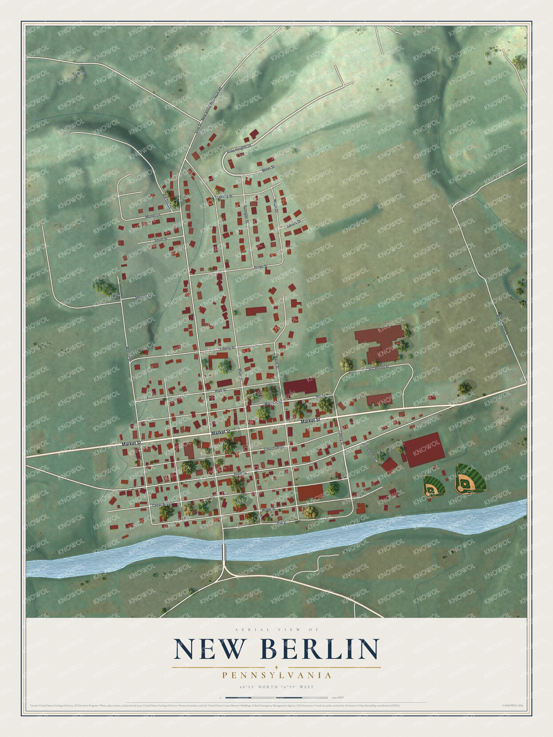 Full map of New Berlin, Pennsylvania, with red buildings, printed street names and the land around them