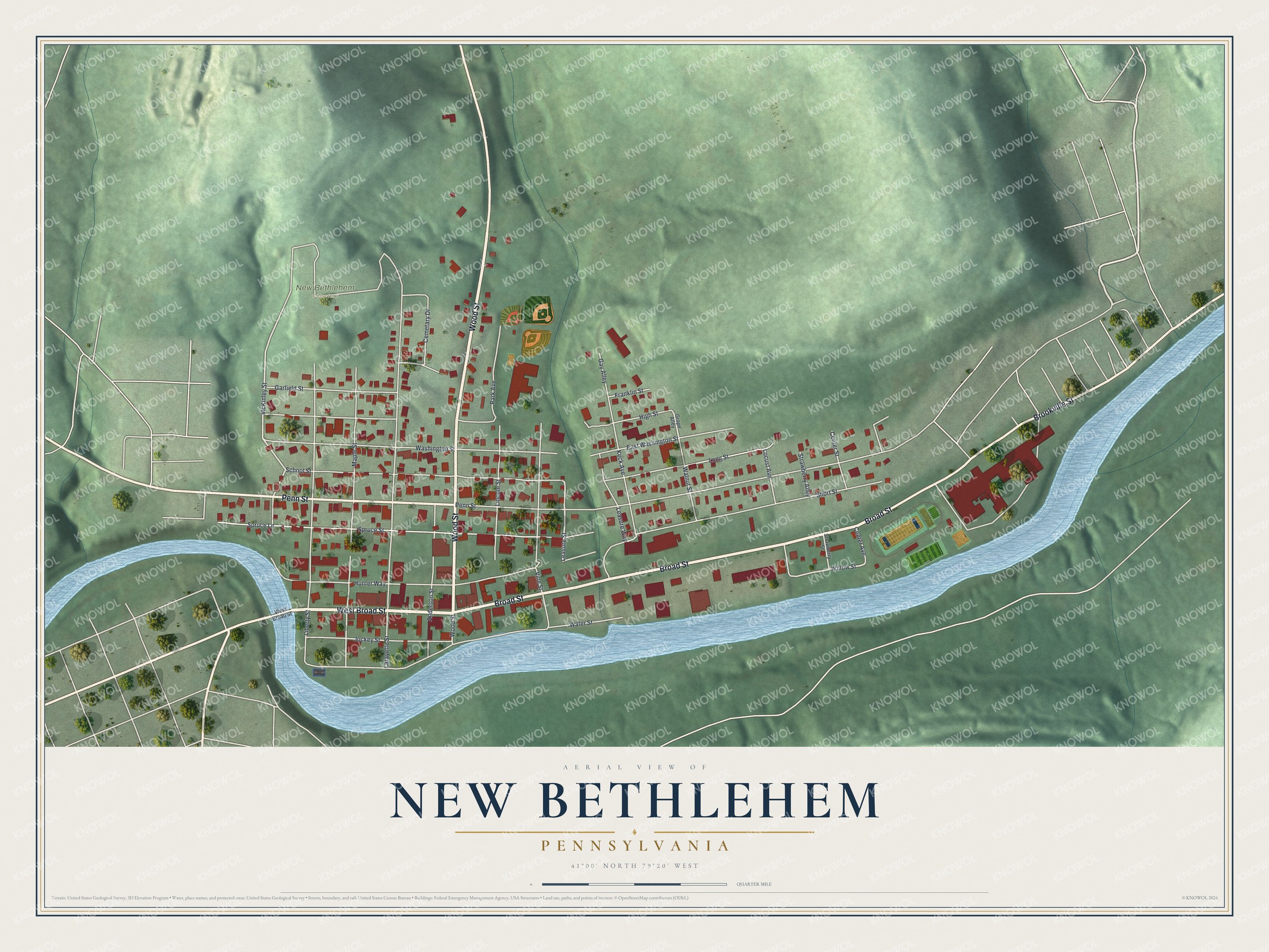 Full map of New Bethlehem, Pennsylvania, with red buildings, printed street names and the land around them