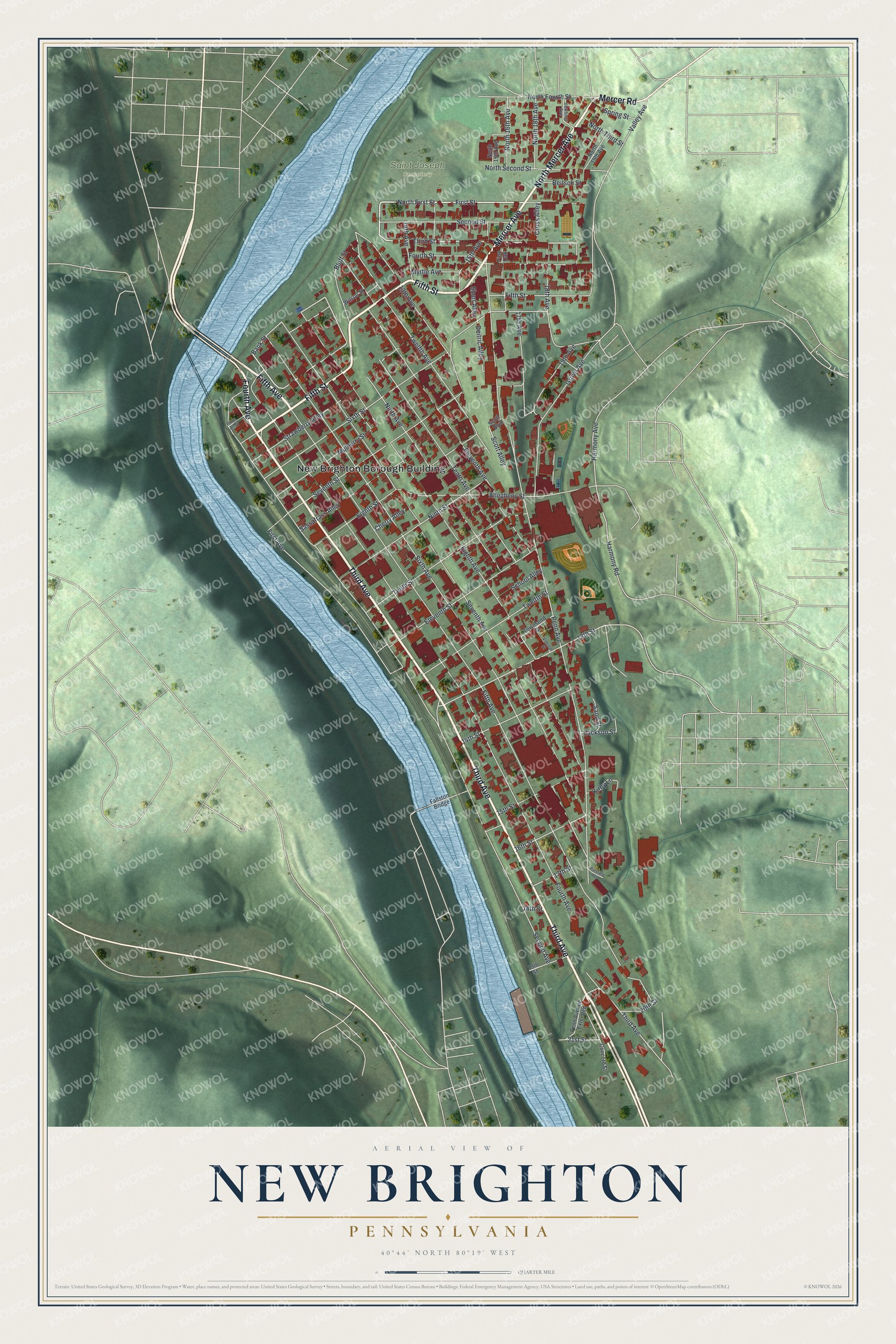 Full map of New Brighton, Pennsylvania, with red buildings, printed street names and the land around them