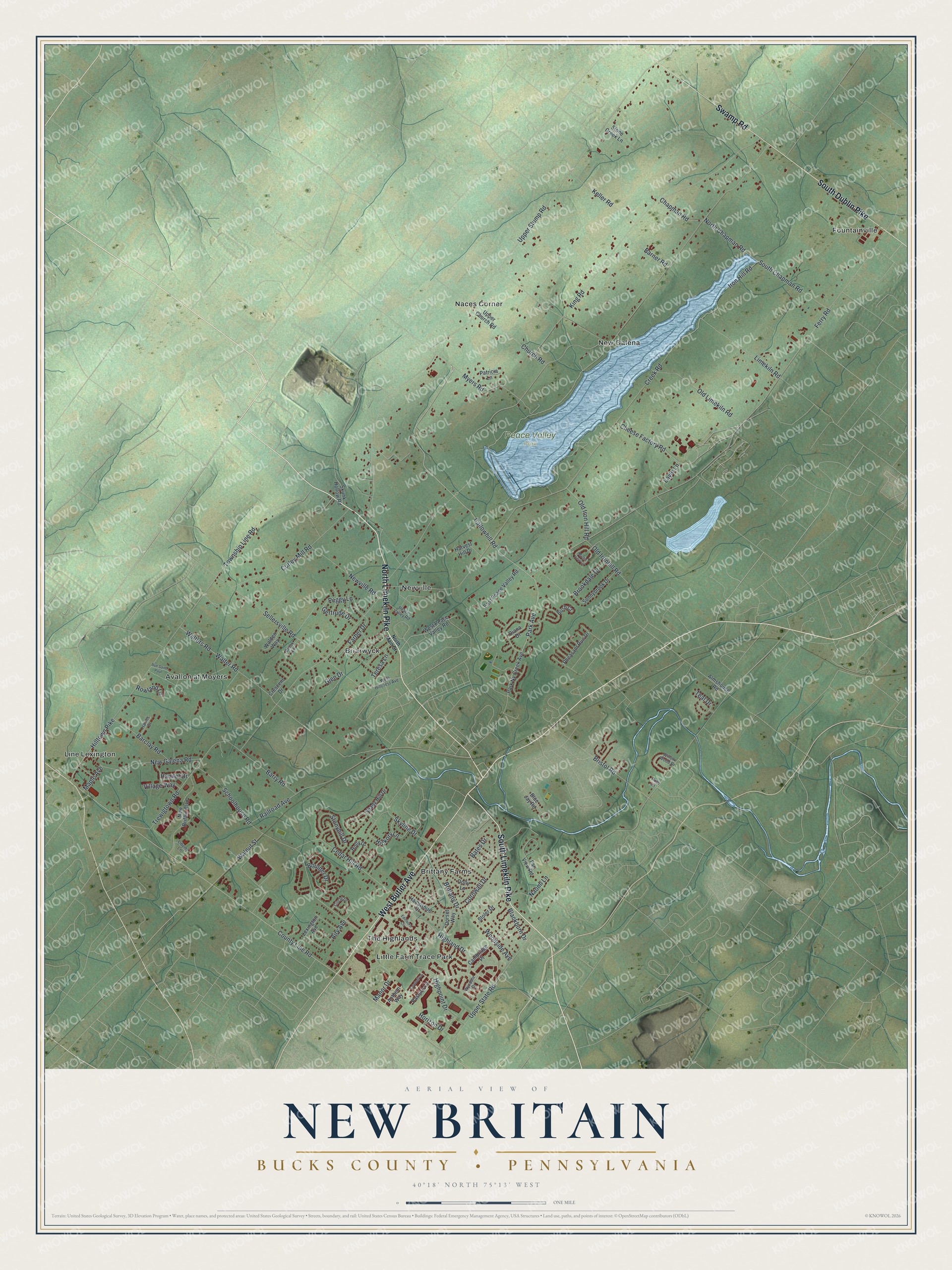 Full map of New Britain Township, Pennsylvania, with red buildings, printed street names and the land around them
