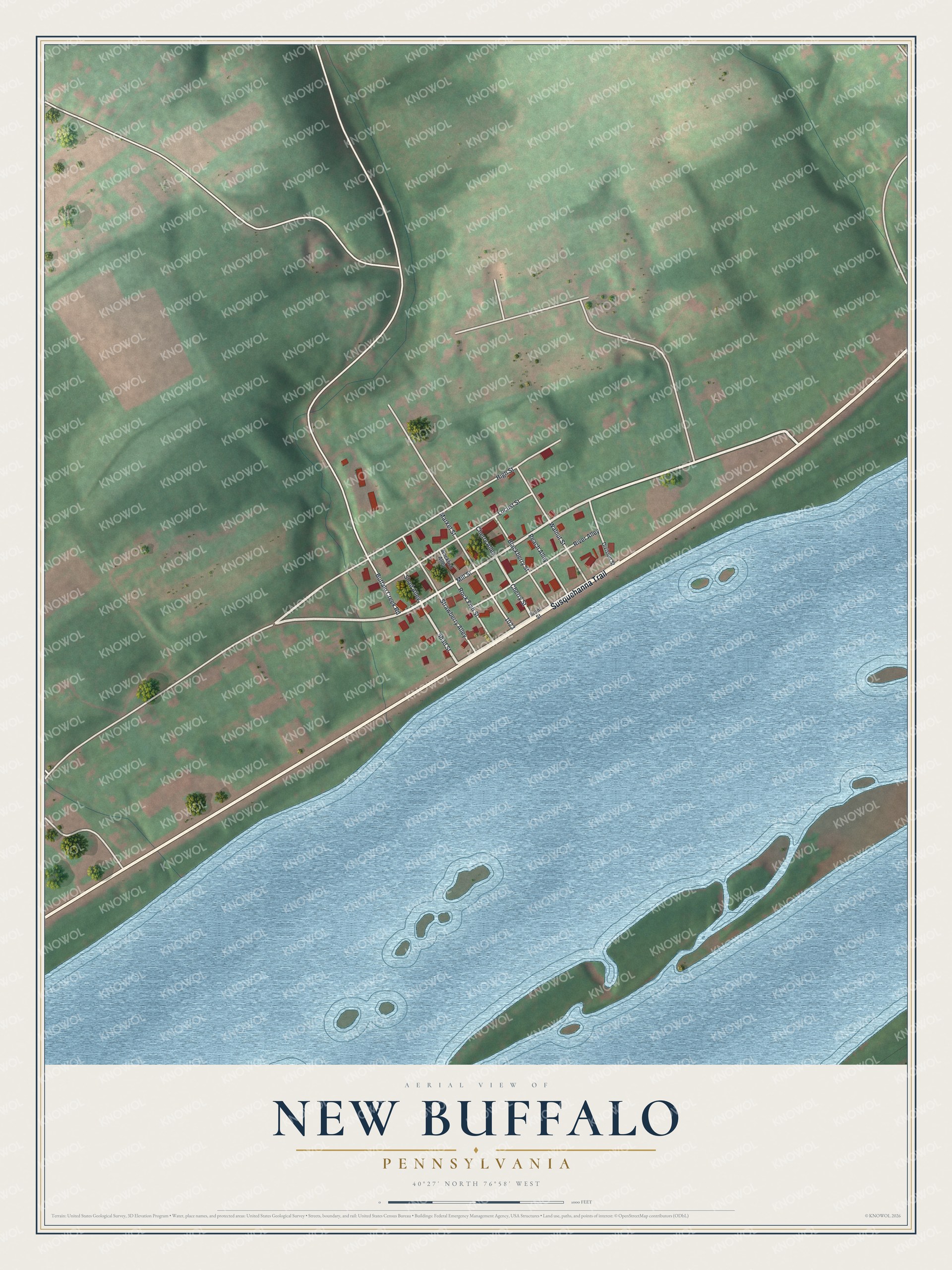 Full map of New Buffalo, Pennsylvania, with red buildings, printed street names and the land around them