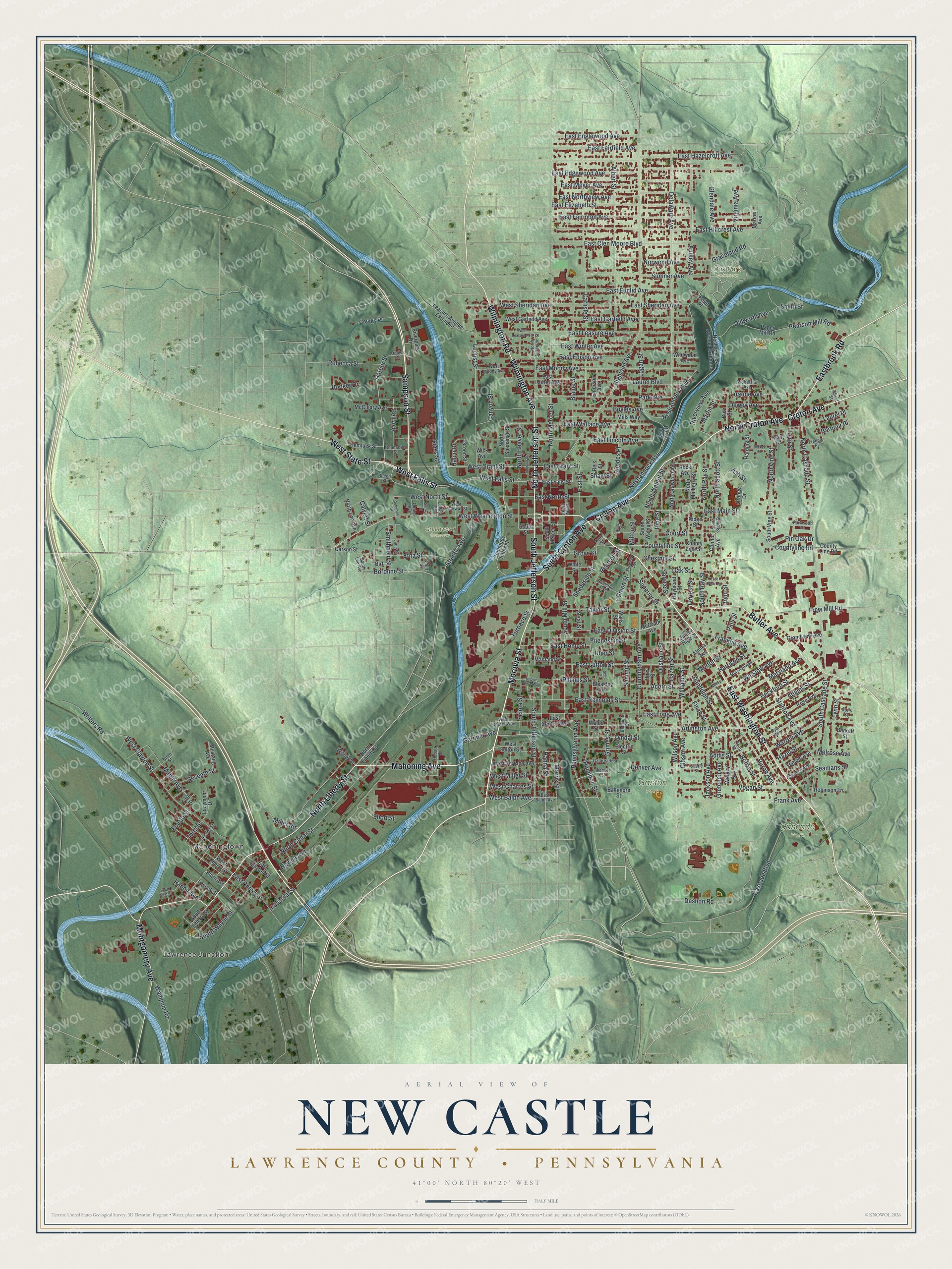 Full map of New Castle, Lawrence County, Pennsylvania, with red buildings, printed street names and the land around them