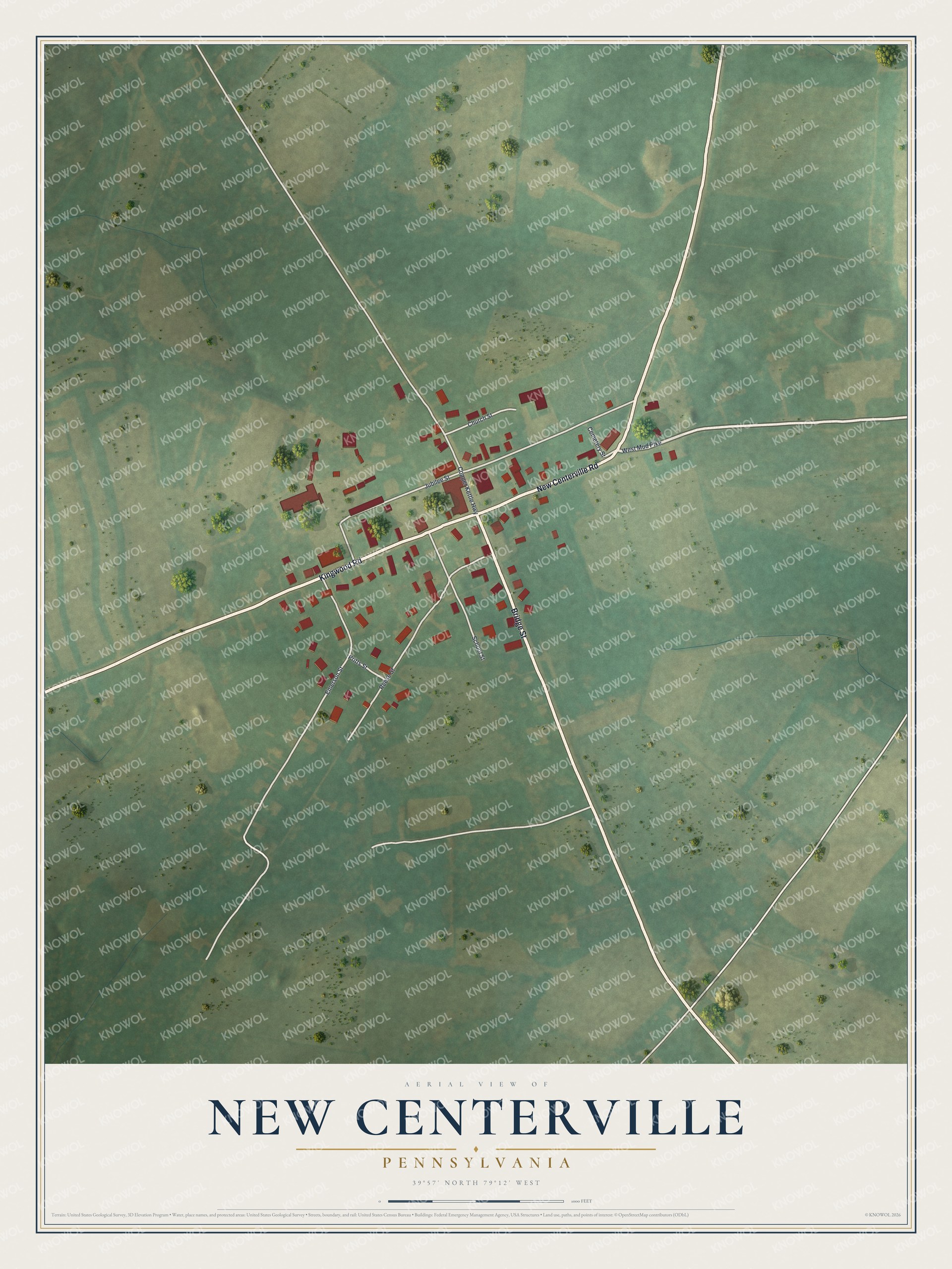 Full map of New Centerville, Pennsylvania, with red buildings, printed street names and the land around them