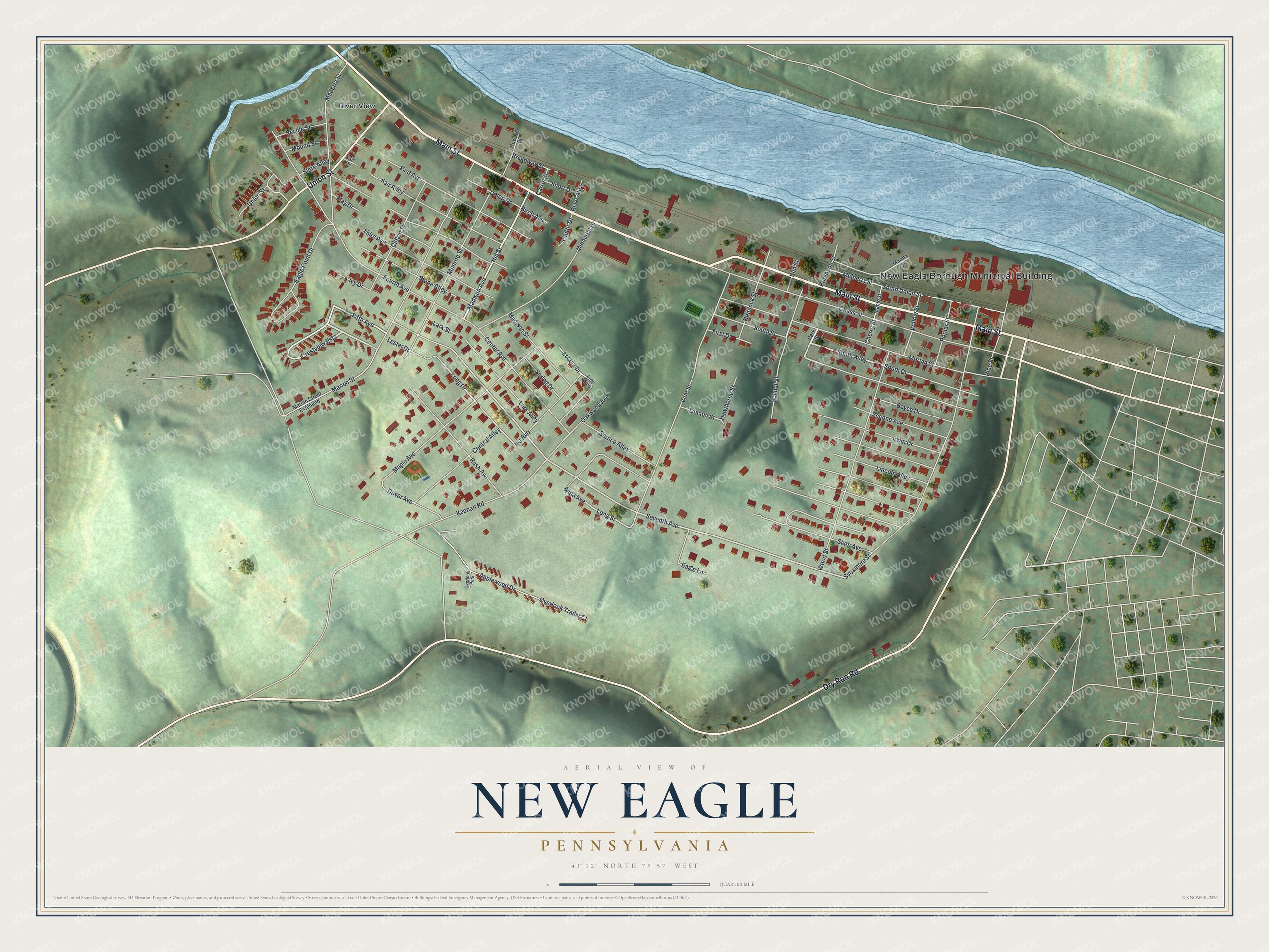 Full map of New Eagle, Pennsylvania, with red buildings, printed street names and the land around them
