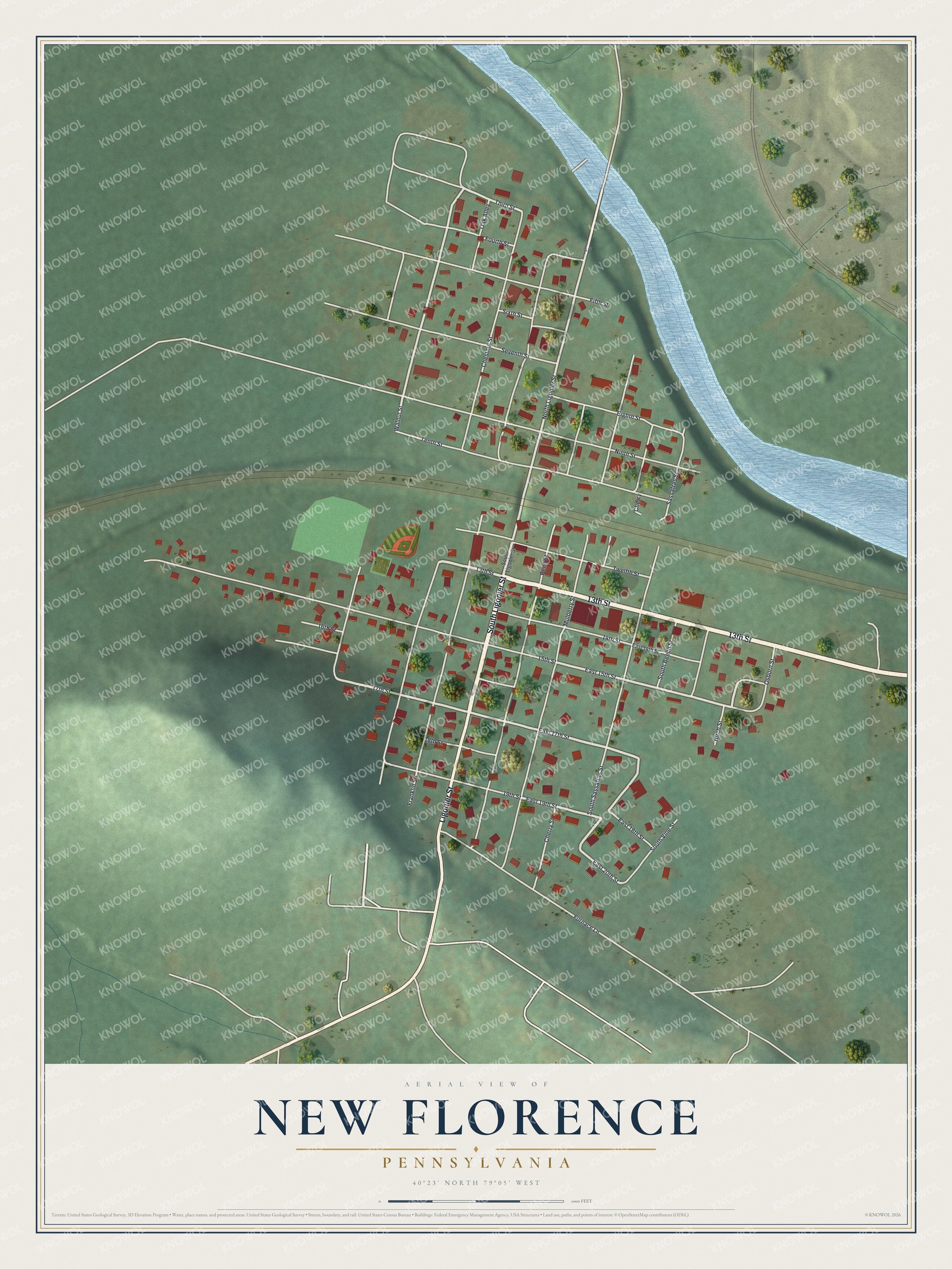 Full map of New Florence, Pennsylvania, with red buildings, printed street names and the land around them