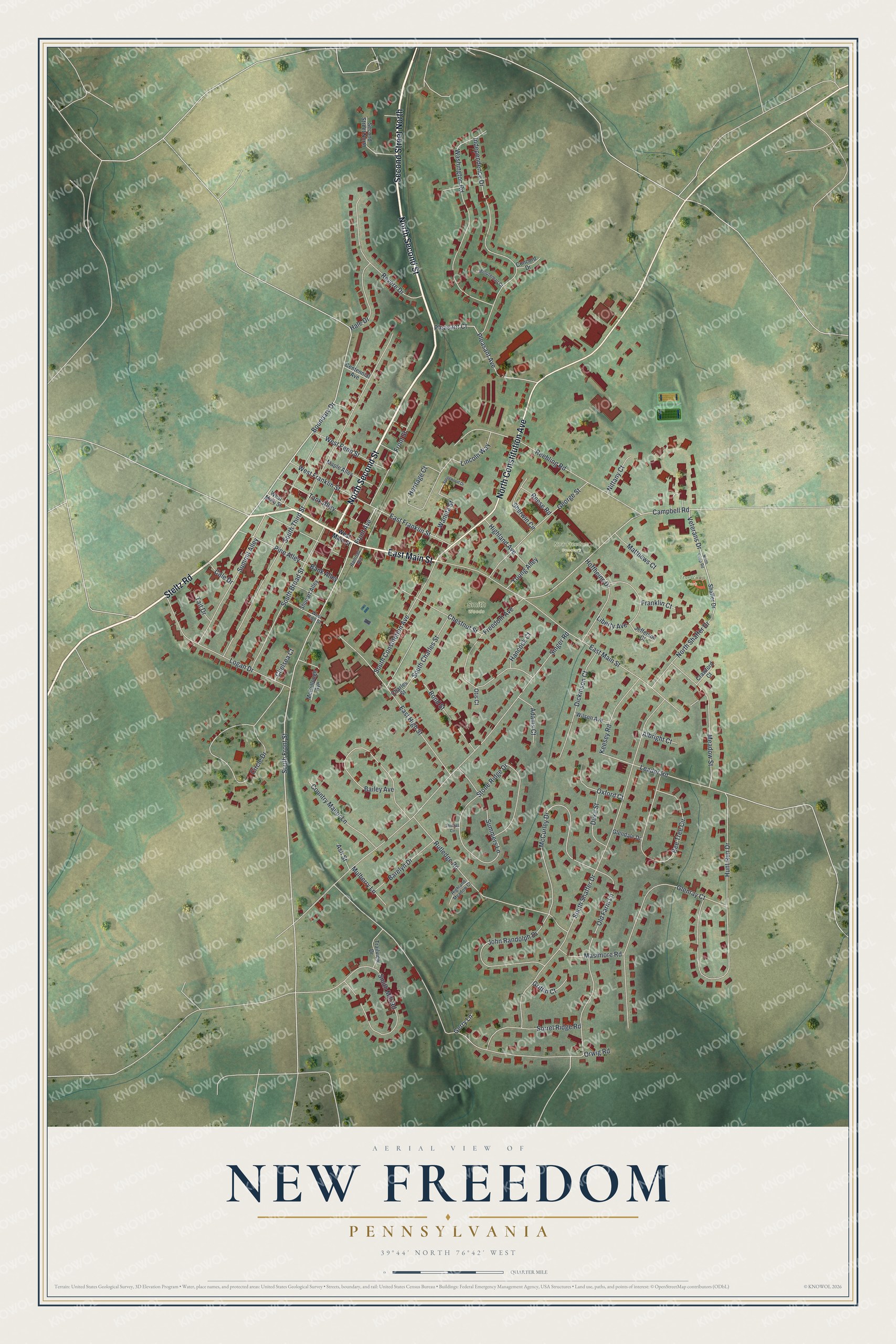 Full map of New Freedom, Pennsylvania, with red buildings, printed street names and the land around them