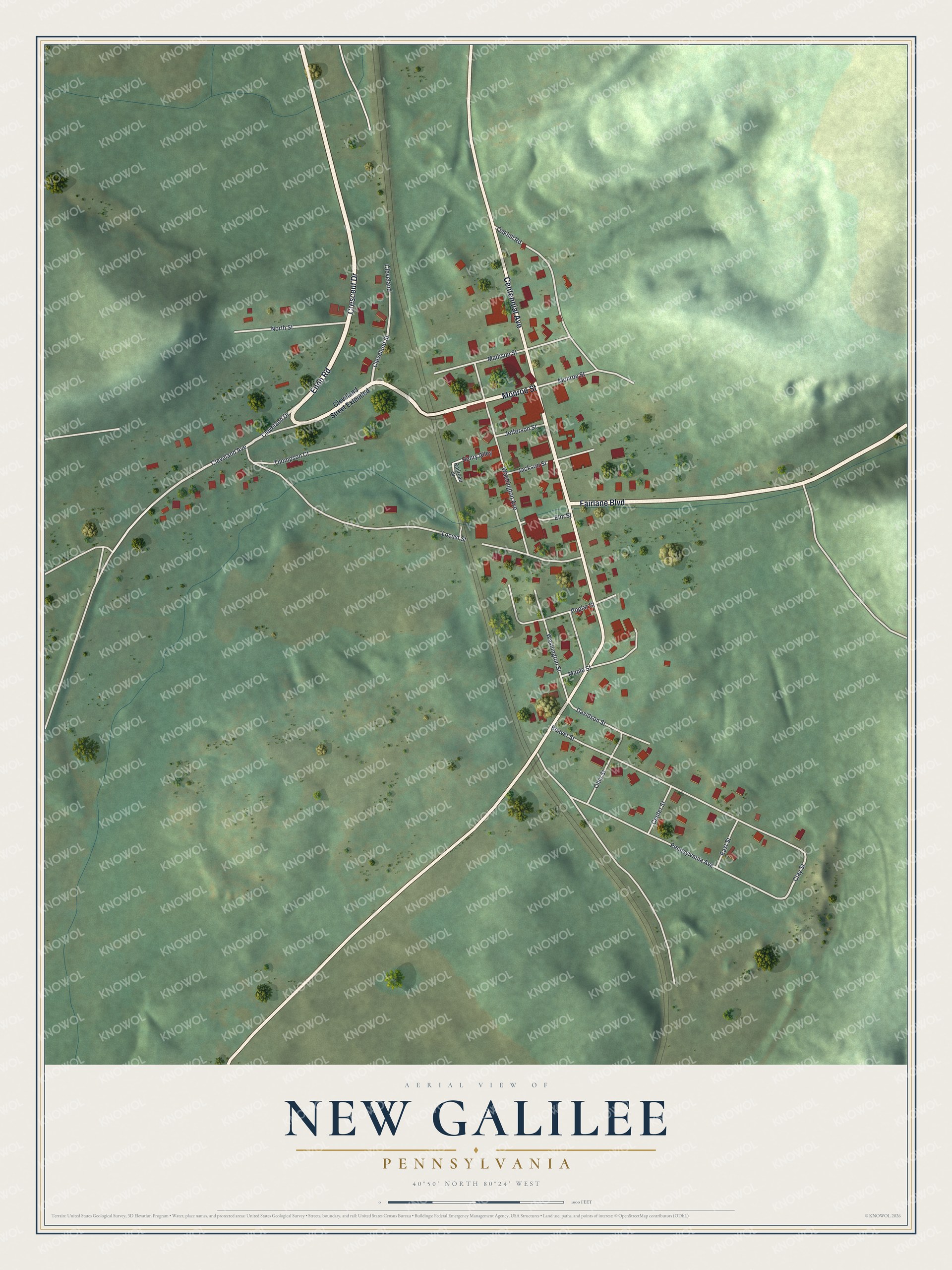 Full map of New Galilee, Pennsylvania, with red buildings, printed street names and the land around them