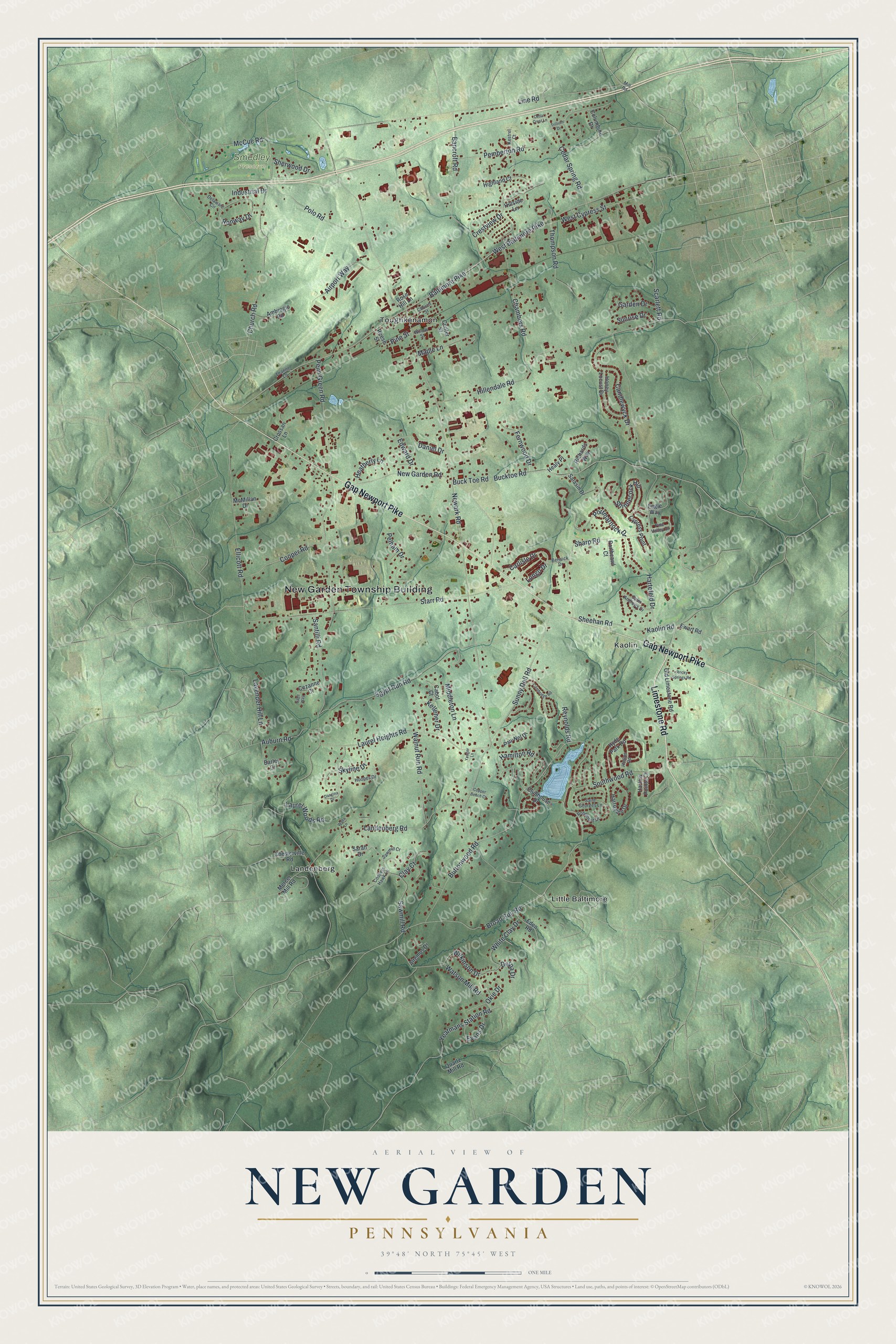 Full map of New Garden, Pennsylvania, with red buildings, printed street names and the land around them