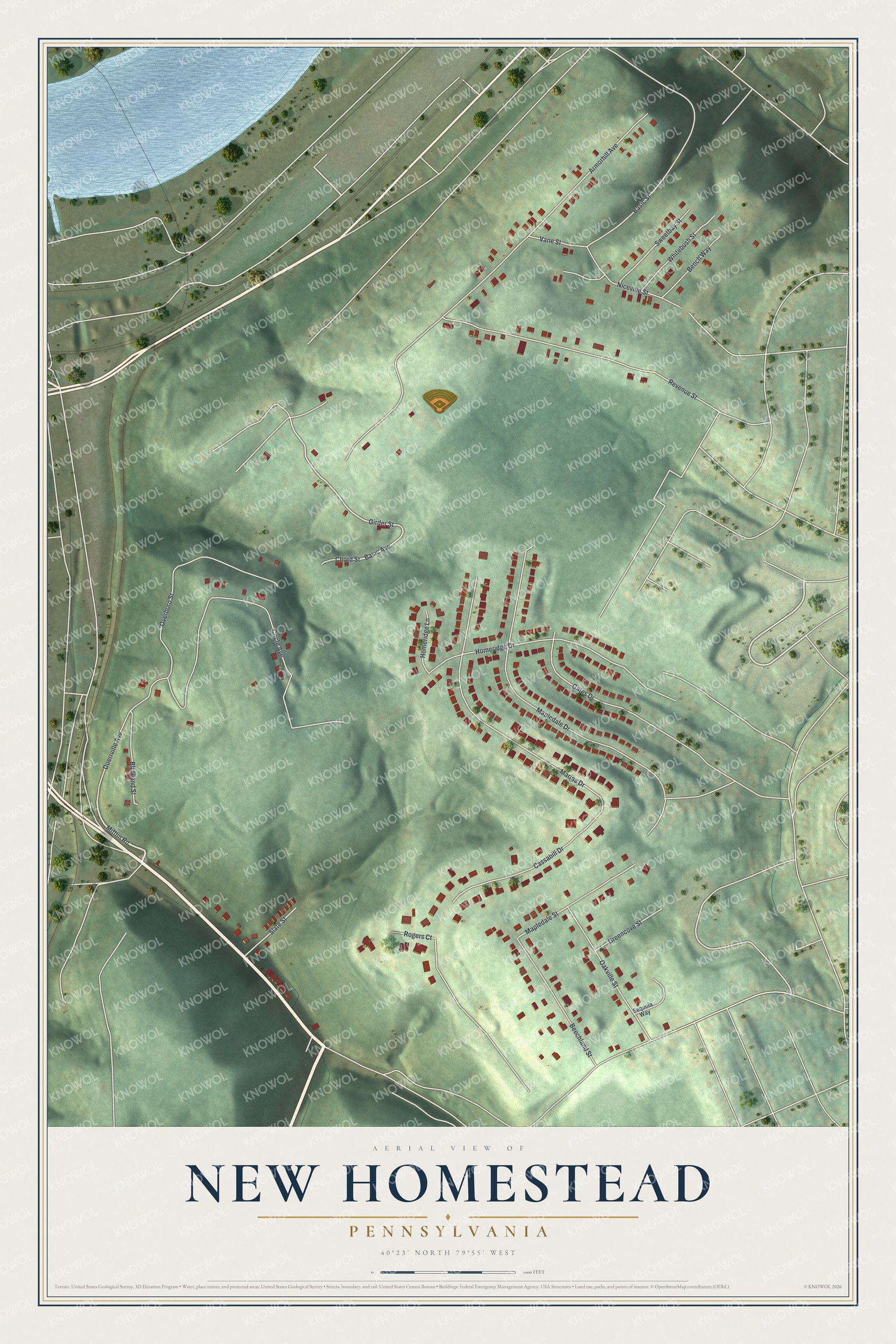 Full map of New Homestead, Pennsylvania, with red buildings, printed street names and the land around them