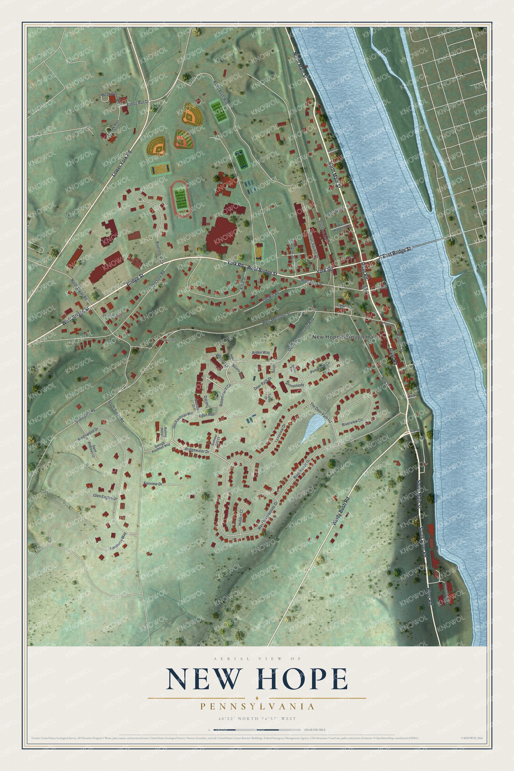 Watermarked full map of New Hope Borough showing the Delaware River, East Bridge Street crossing, Main Street, named roads and building shapes.