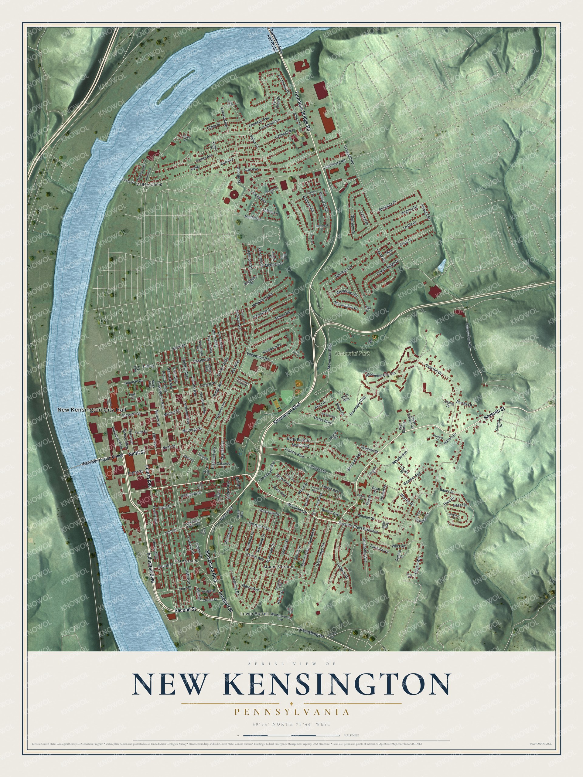 Full map of New Kensington, Pennsylvania, with red buildings, printed street names and the land around them