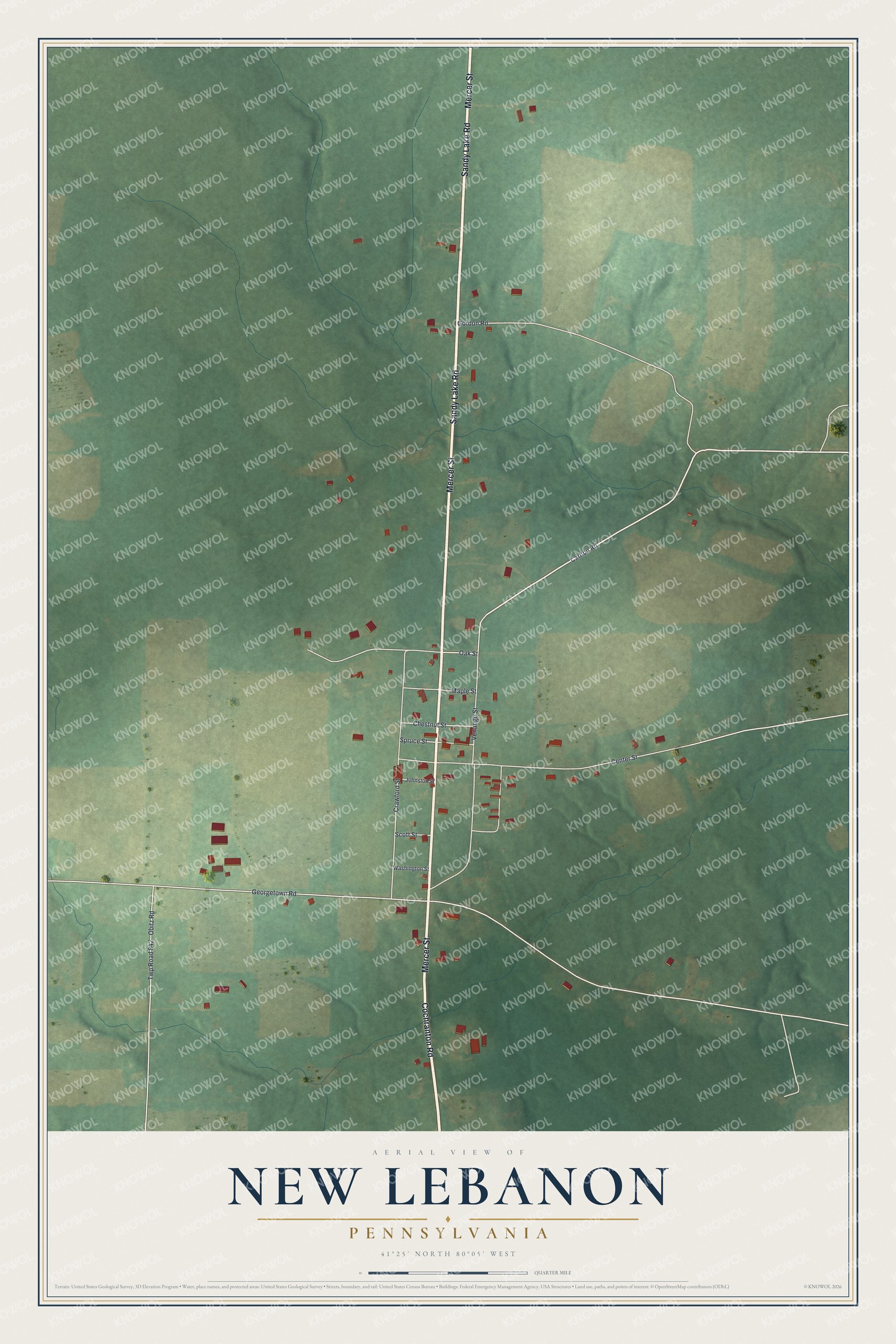 Full map of New Lebanon, Pennsylvania, with red buildings, printed street names and the land around them