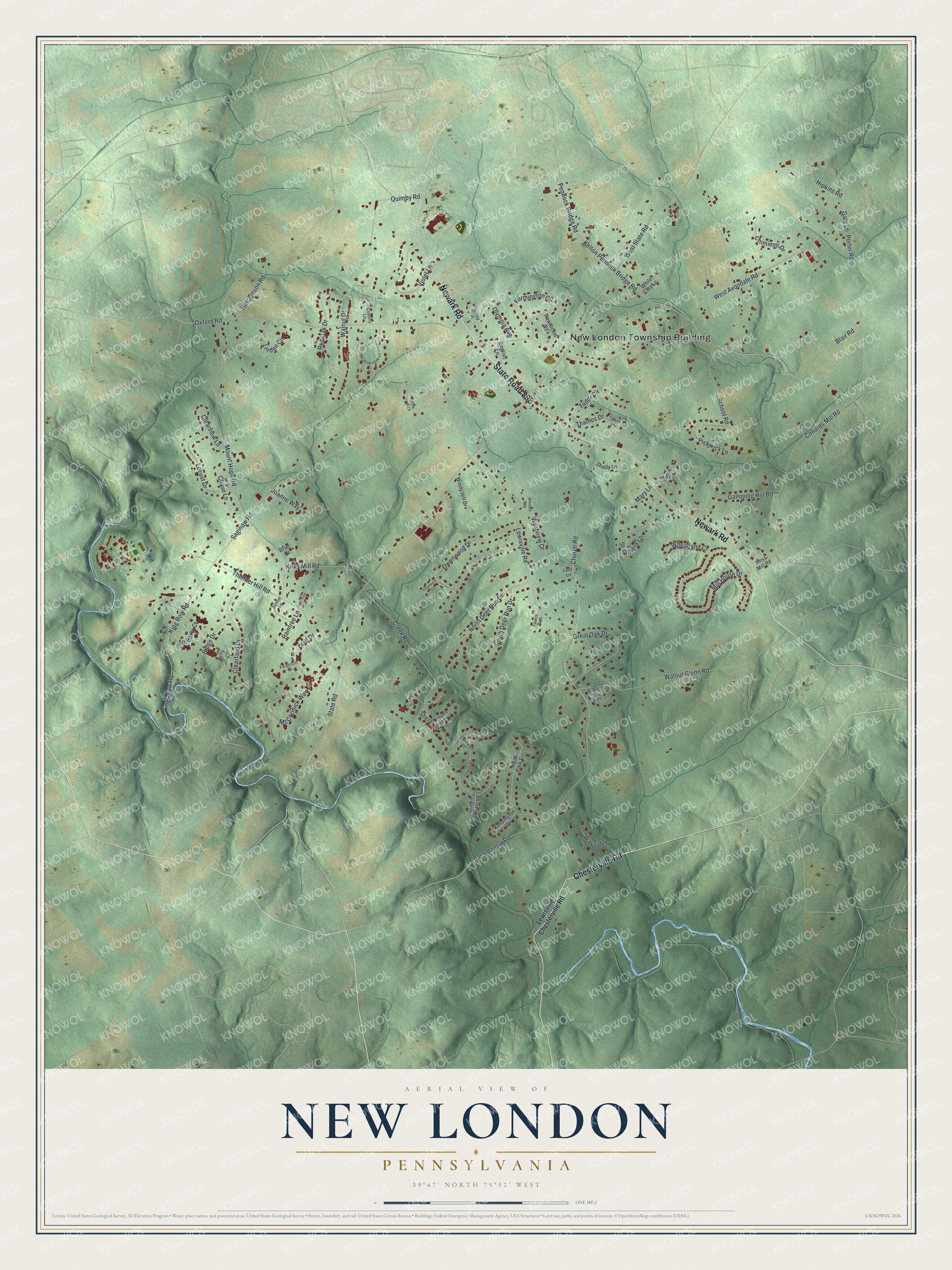 Full map of New London, Pennsylvania, with red buildings, printed street names and the land around them