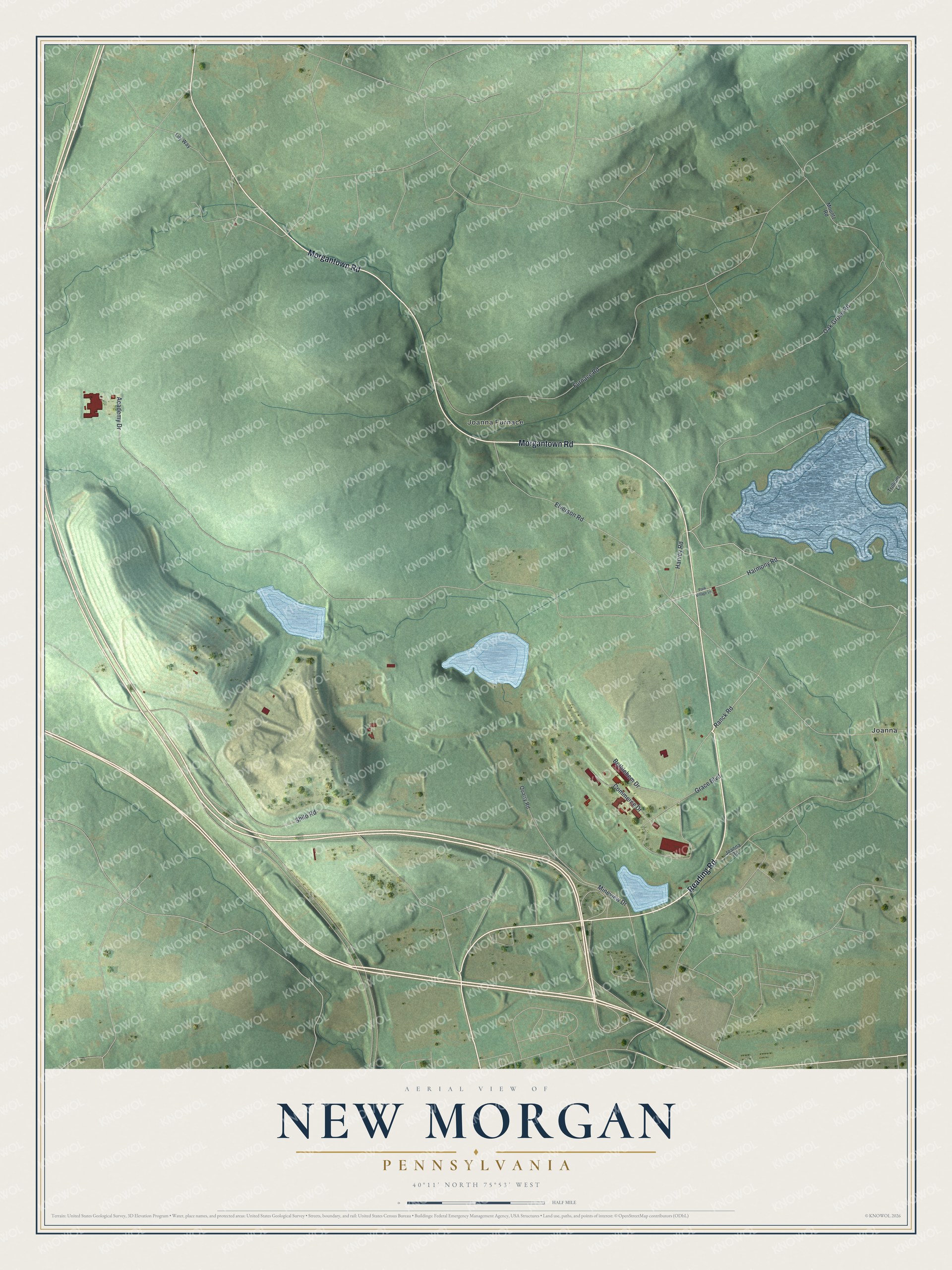 Full map of New Morgan, Pennsylvania, with red buildings, printed street names and the land around them