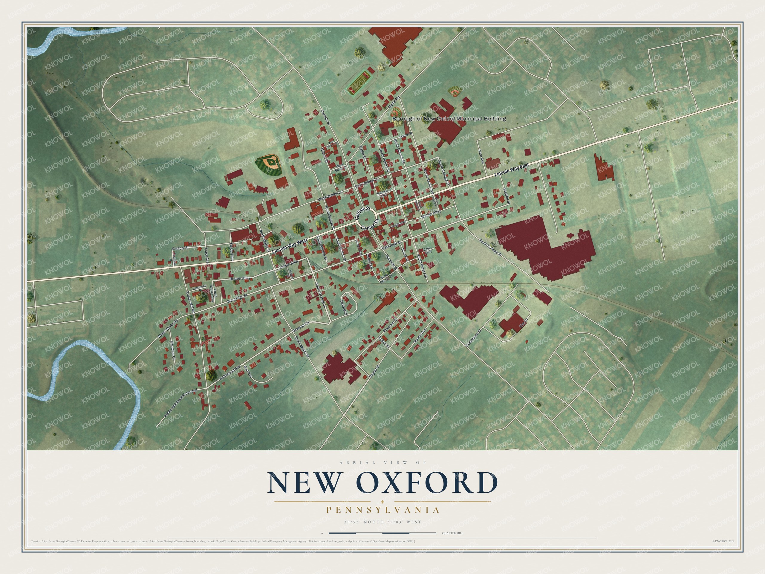 Full map of New Oxford, Pennsylvania, with red buildings, printed street names and the land around them